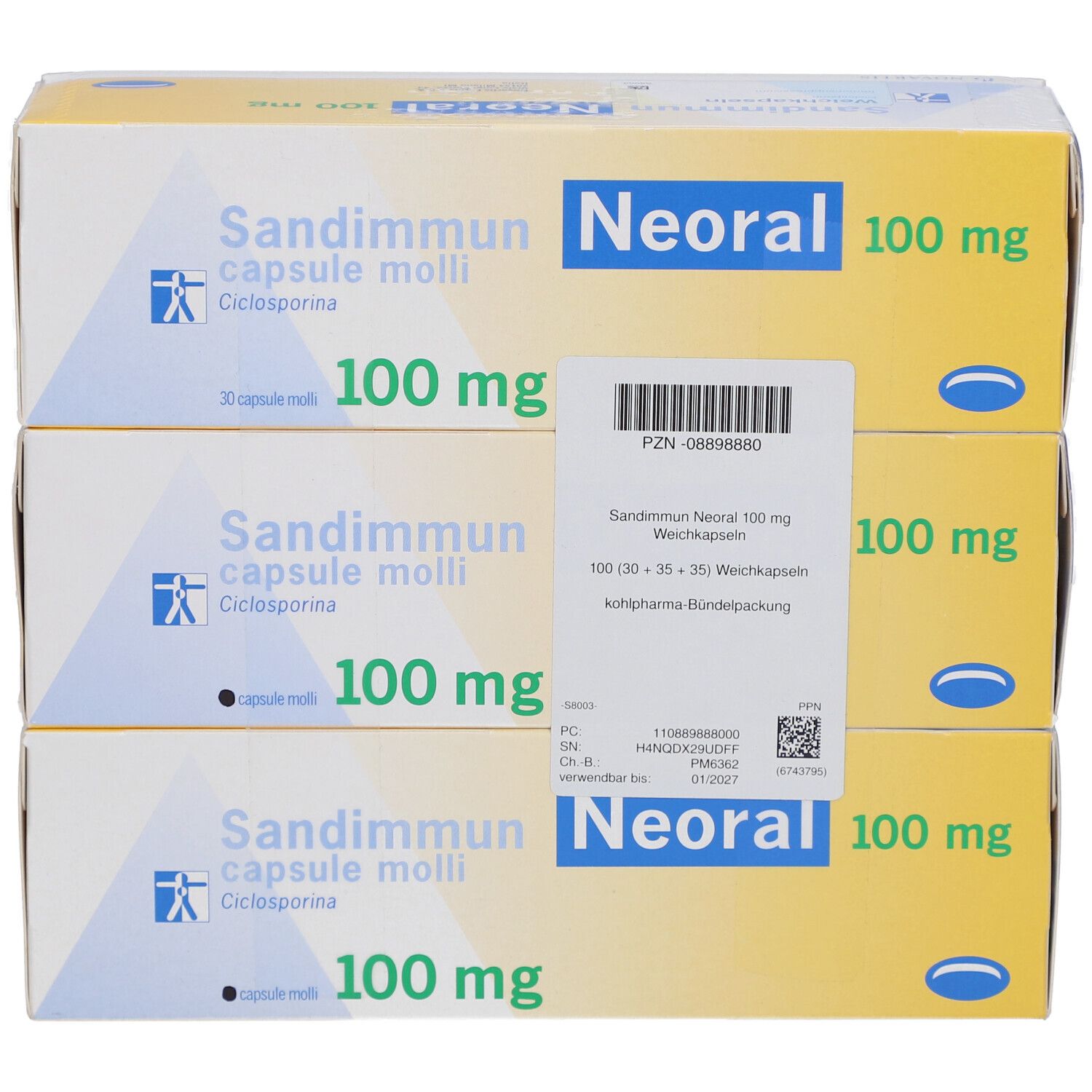 Drei Schachteln SANDIMMUN Neoral 100 mg Kapseln. Gelb-weißes Design mit blauer Schrift. Aufdrucke: Name, Dosierung, Wirkstoff.