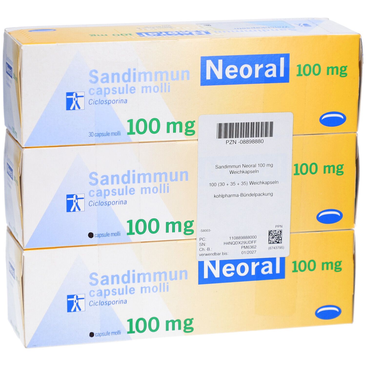 Drei Schachteln SANDIMMUN Neoral 100 mg Kapseln. Gelb-weiße Verpackung mit blauer Schrift. Aufdruck: Sandimmun, Neoral, 100 mg. Mit Etikett.