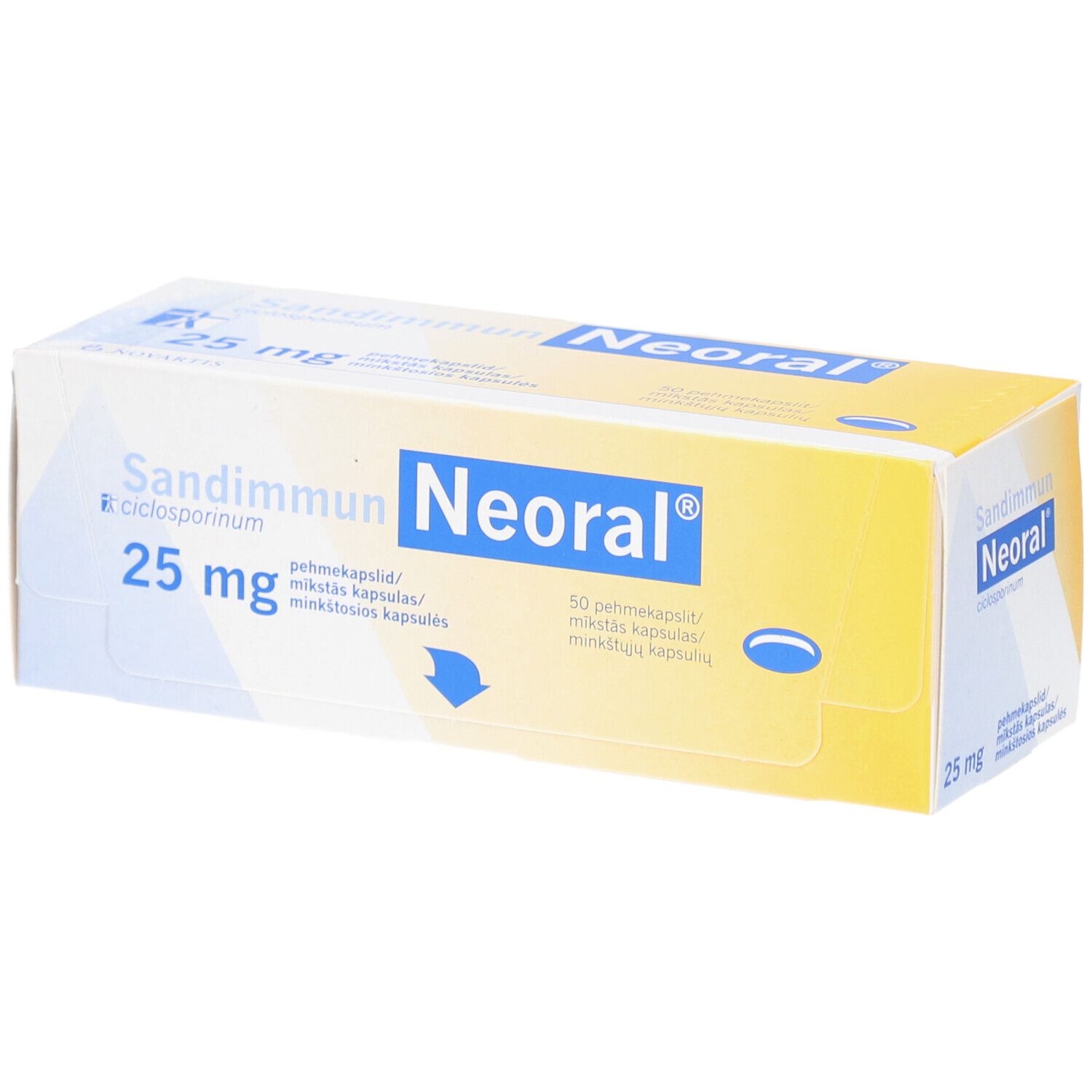 Schachtel SANDIMMUN Neoral 25 mg. Aufschrift: Neoral, 25 mg, Weichkapseln. Gelb-weiße Verpackung.
