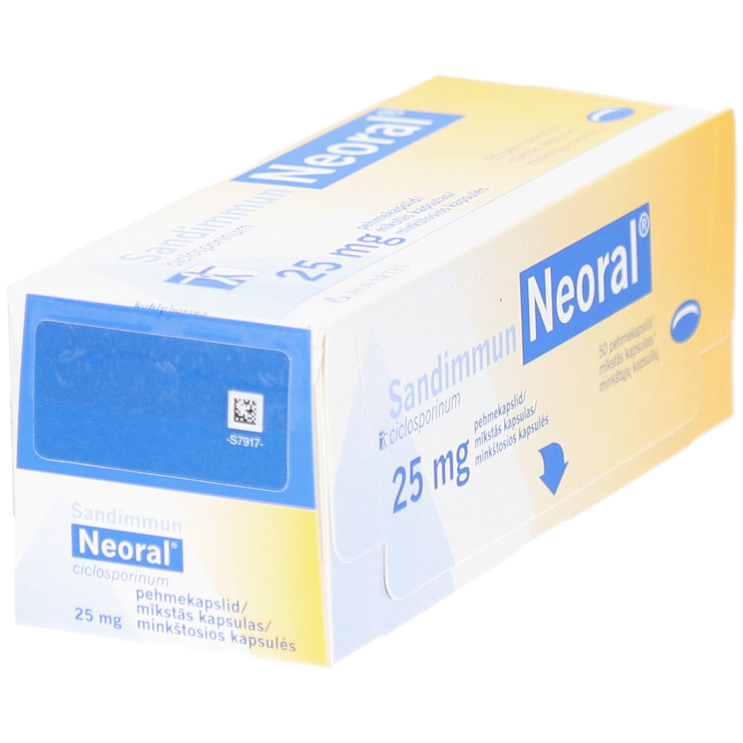 Schachtel SANDIMMUN Neoral 25 mg. Aufschrift: Neoral, 25 mg, Weichkapseln. Gelb-weiße Verpackung.