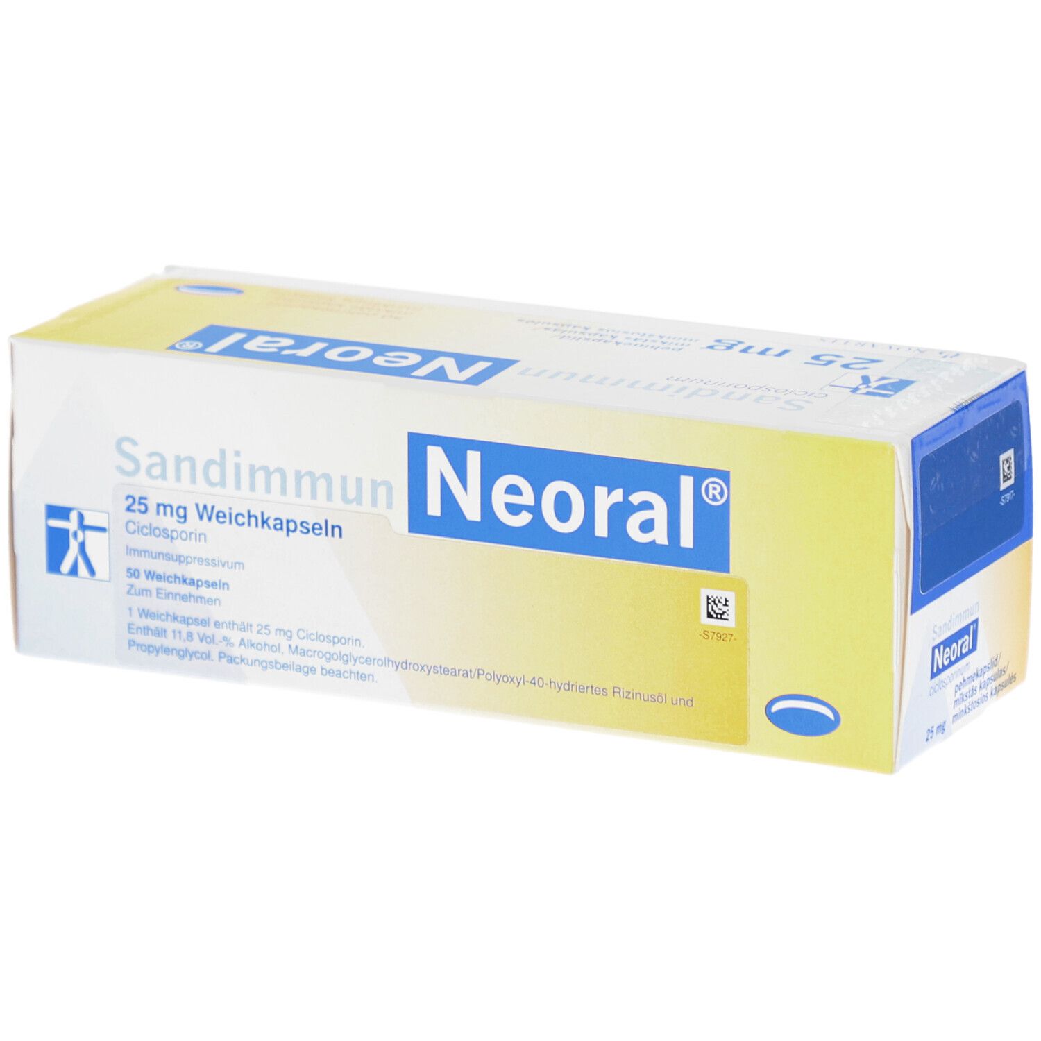 Schachtel SANDIMMUN Neoral 25 mg. Aufschrift: Neoral, 25 mg, Weichkapseln. Gelb-weiße Verpackung.