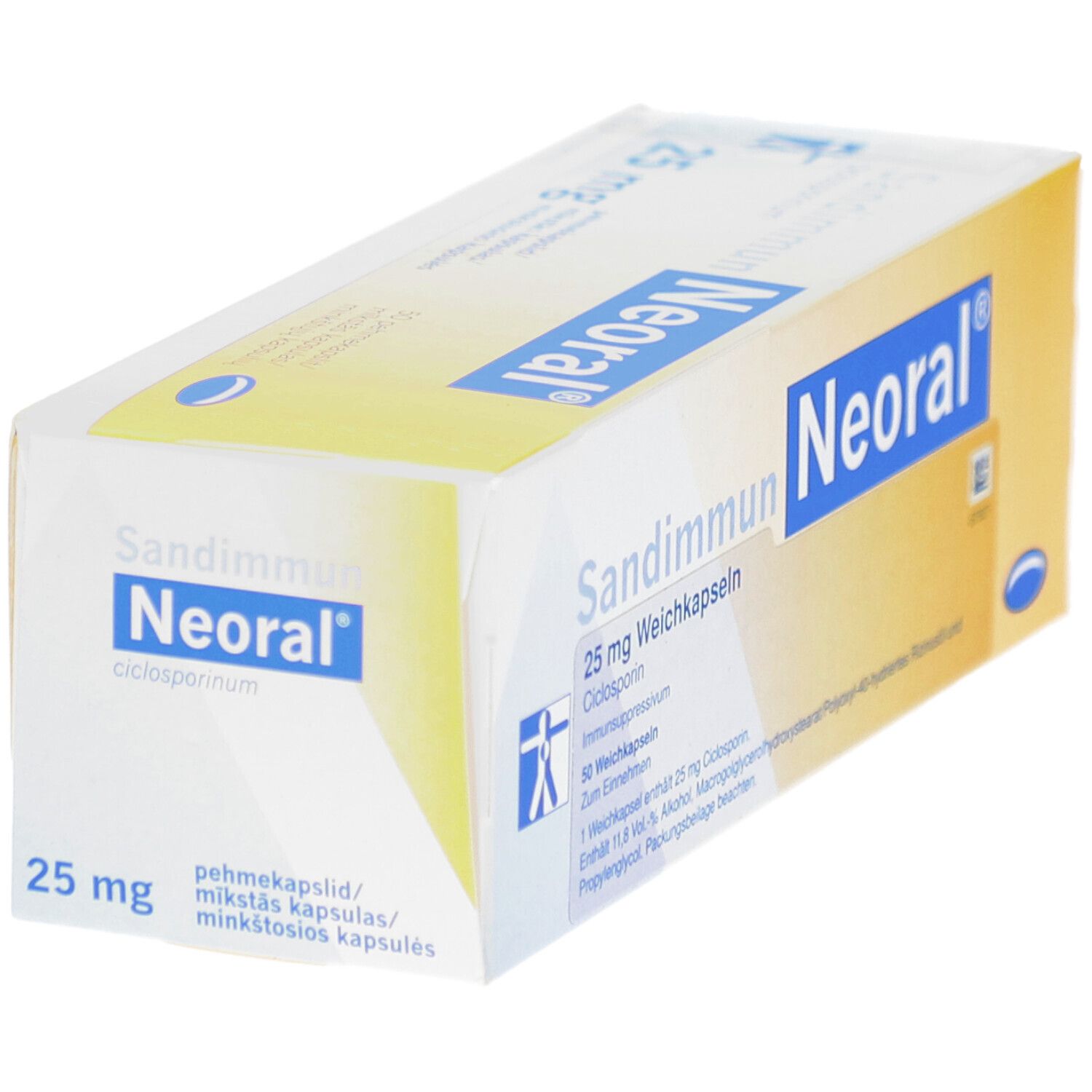 Schachtel SANDIMMUN Neoral 25 mg. Aufschrift: Neoral, 25 mg, Weichkapseln. Gelb-weiße Verpackung.