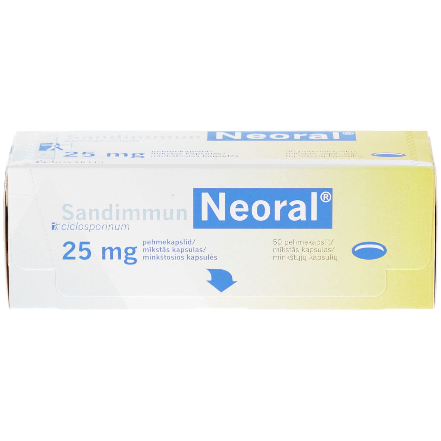 Schachtel SANDIMMUN Neoral 25 mg. Aufschrift: Neoral, 25 mg, Weichkapseln. Gelb-weiße Verpackung.
