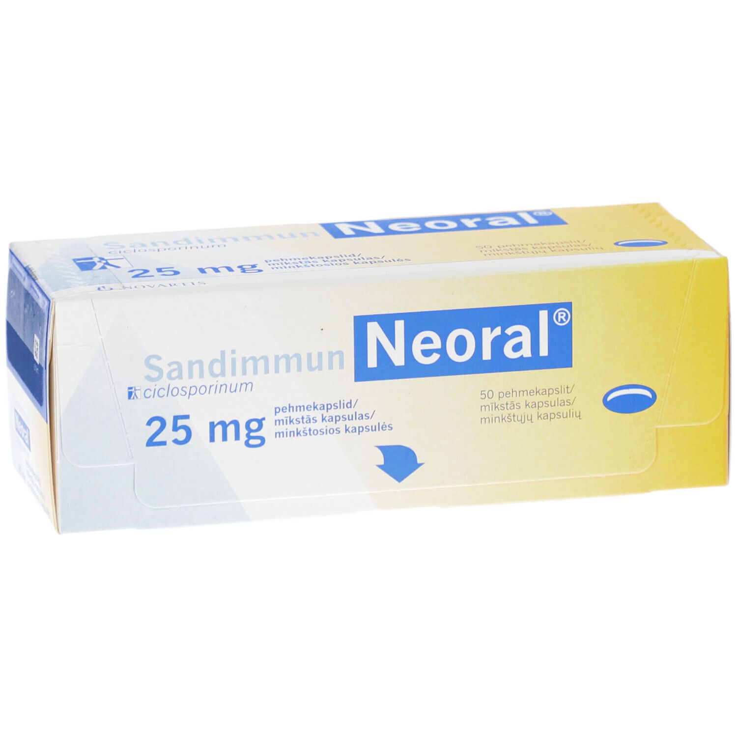 Schachtel SANDIMMUN Neoral 25 mg. Aufschrift: Neoral, 25 mg, Weichkapseln. Gelb-weiße Verpackung.