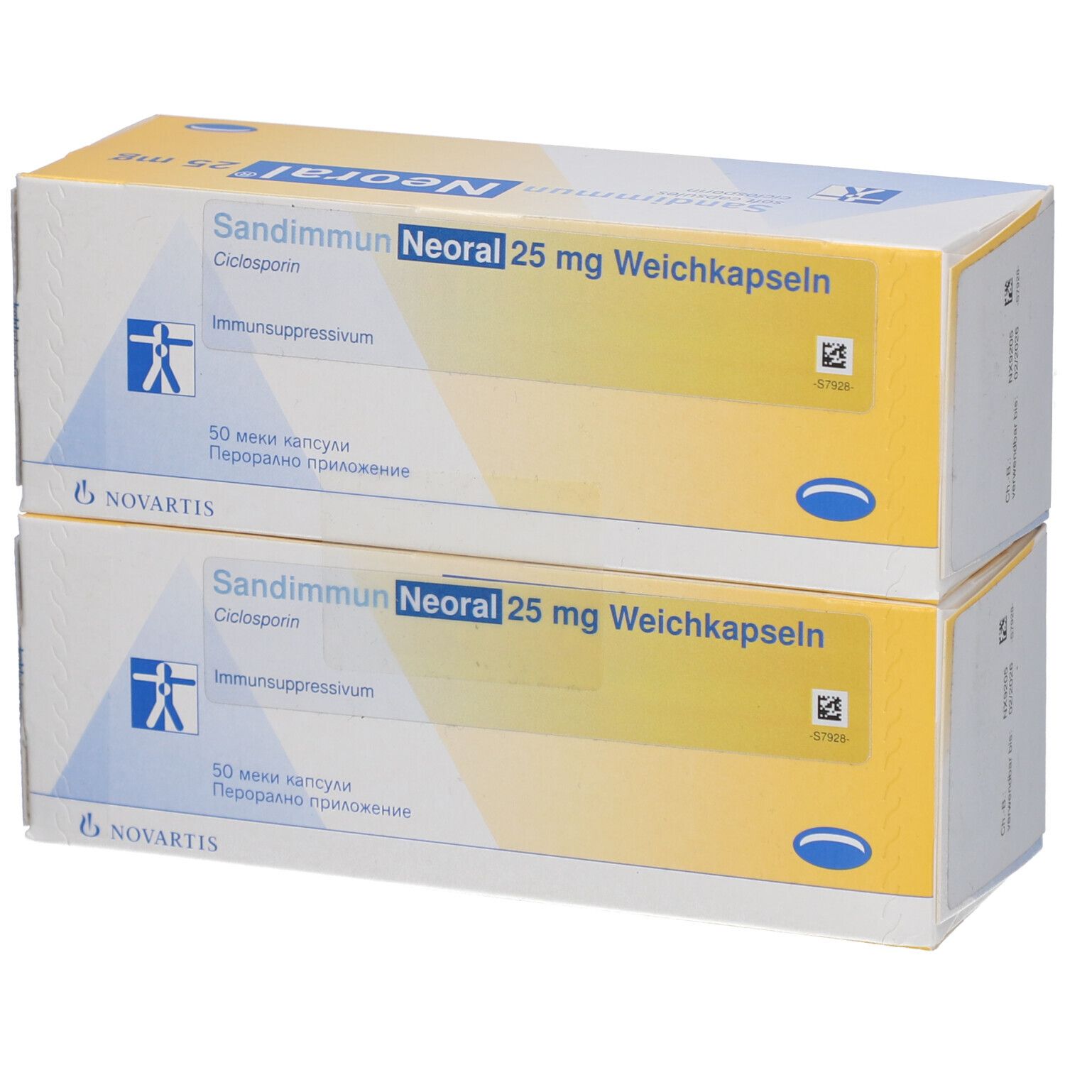 Zwei Schachteln Sandimmun Neoral 25 mg Weichkapseln. Blaue und gelbe Verpackung mit Produktnamen und Novartis-Logo.