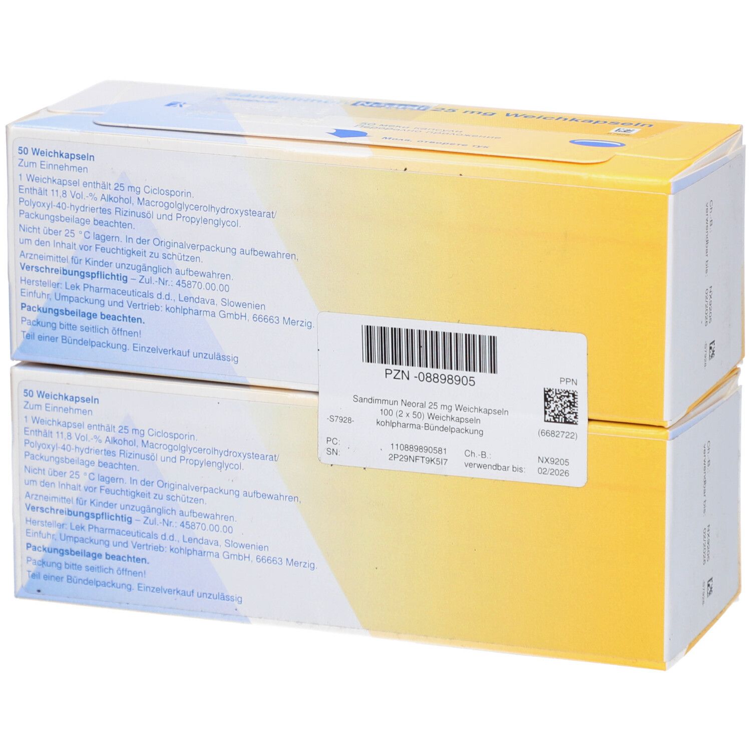 Zwei Schachteln Sandimmun Neoral 25 mg Weichkapseln. Rückseite mit Produktinformationen und PZN-Code.