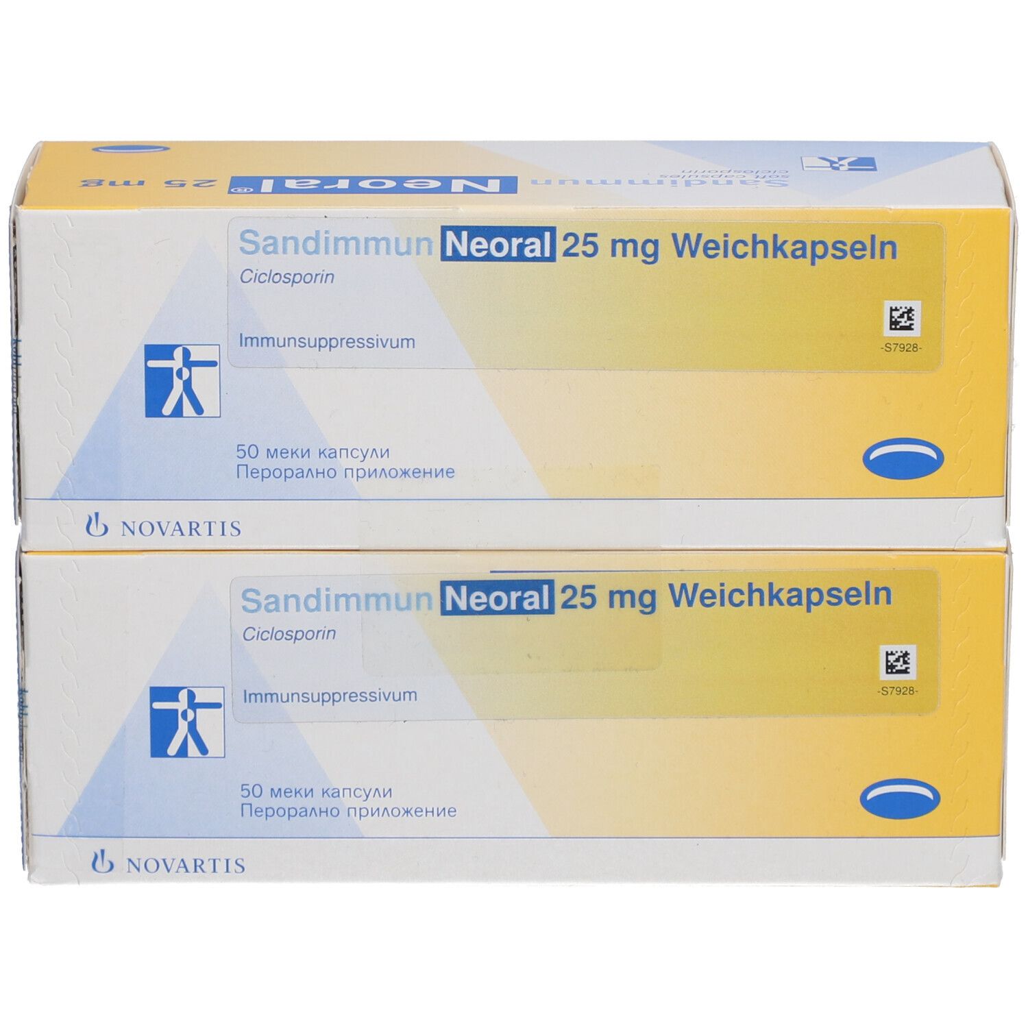 Zwei Schachteln Sandimmun Neoral 25 mg Weichkapseln. Blaue und gelbe Verpackung mit Produktnamen und Novartis-Logo.