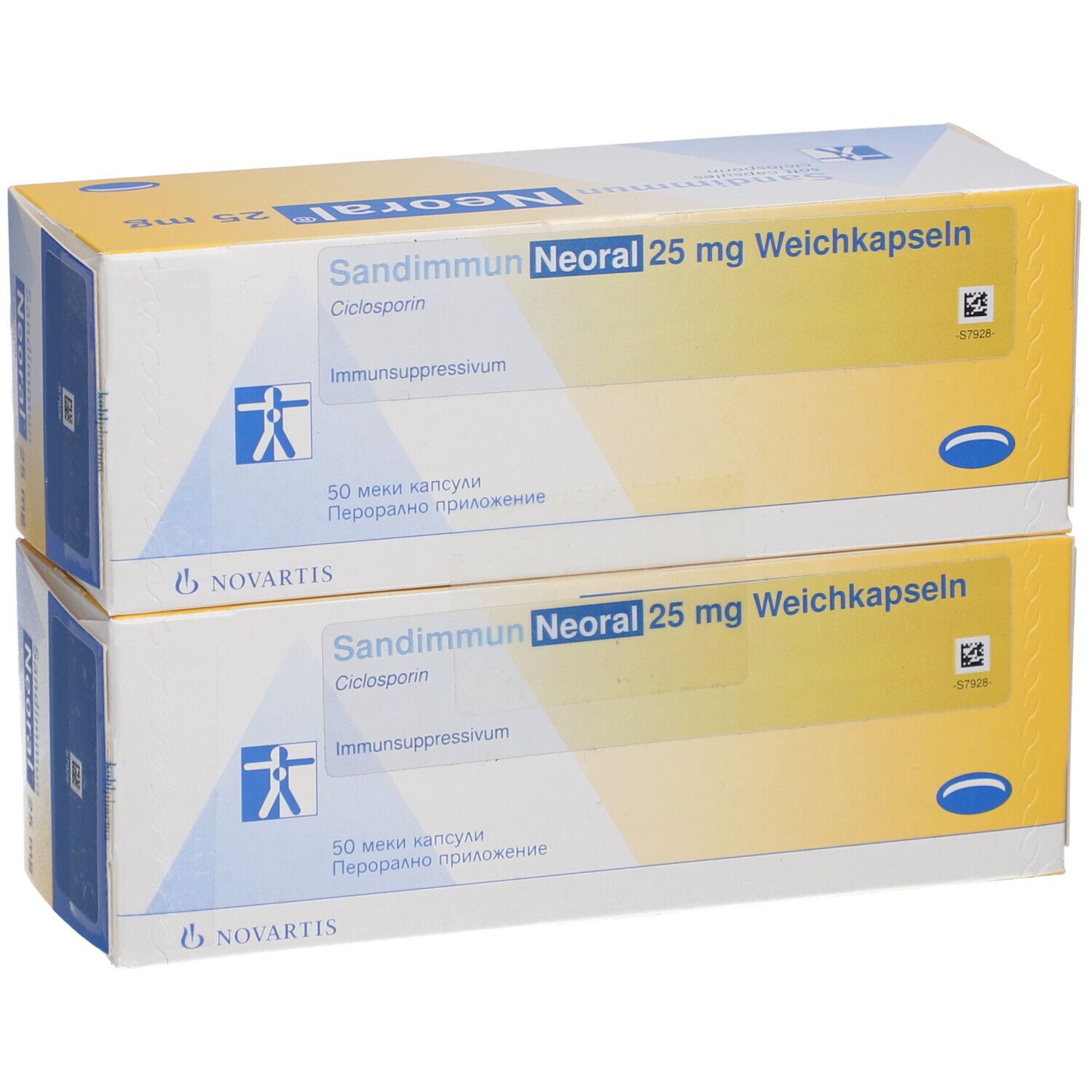 Zwei Schachteln Sandimmun Neoral 25 mg Weichkapseln. Blaue und gelbe Verpackung mit Produktnamen und Novartis-Logo.