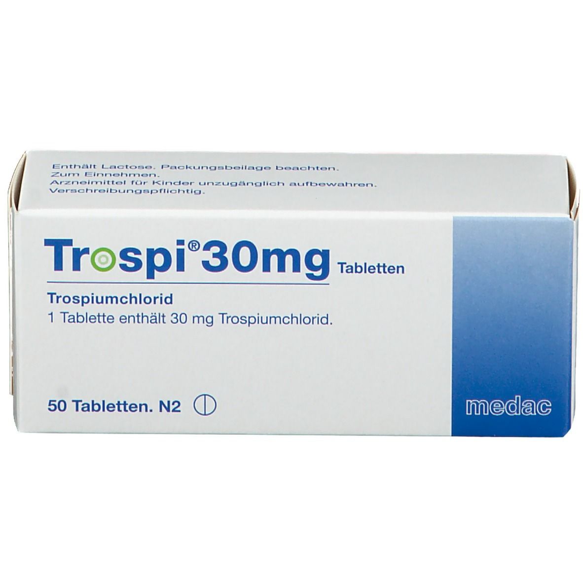 Weiße Faltschachtel mit blauer und grüner Schrift. Aufschrift: Trospi 30mg Tabletten. Enthält 50 Tabletten. Hersteller: medac.
