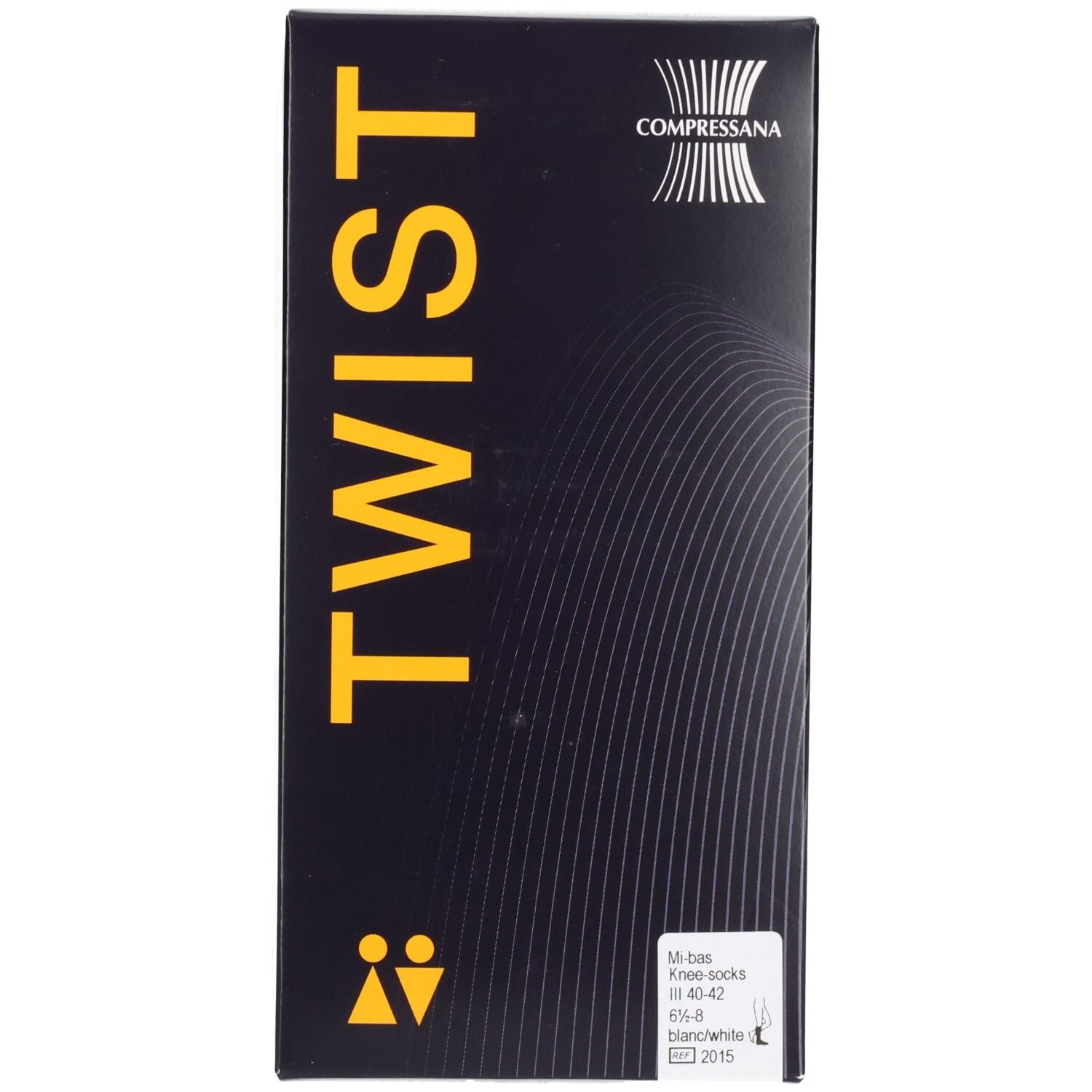 Schwarze Verpackung mit gelbem "TWIST" Schriftzug. Logo "COMPRESSANA". Größe 40-42, weiß/weiß. Kniestrümpfe.