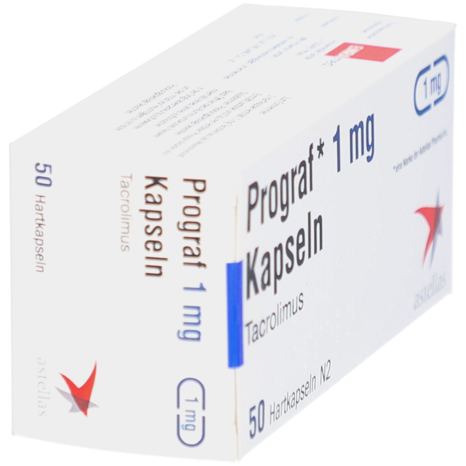 Schachtel Prograf 1 mg Kapseln, Tacrolimus, 50 Hartkapseln N2. Astellas Logo. Aufschrift 1 mg.