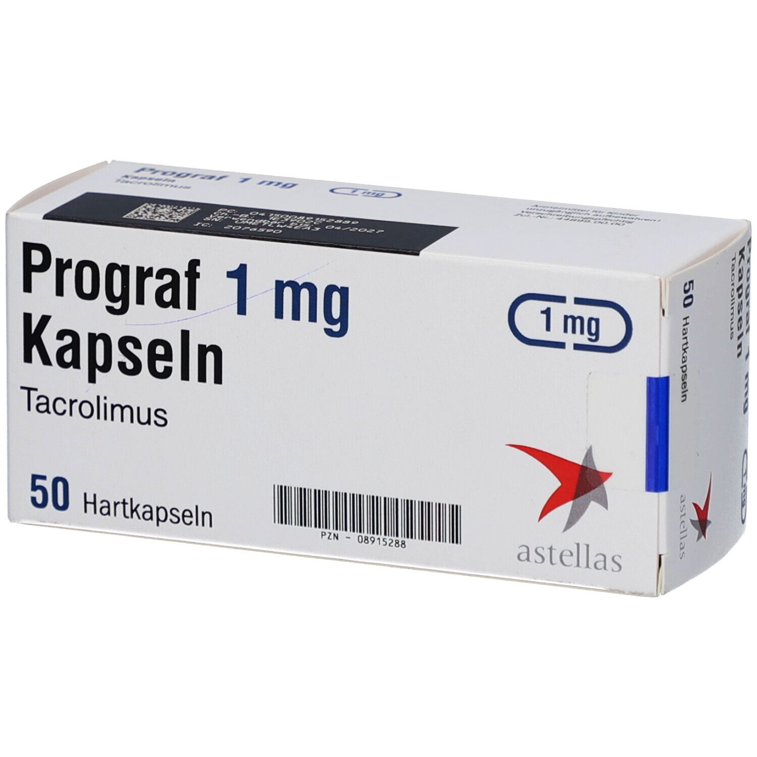 Weiße Schachtel Prograf 1 mg Kapseln, Tacrolimus, 50 Hartkapseln N2. Astellas Logo. 1 mg.