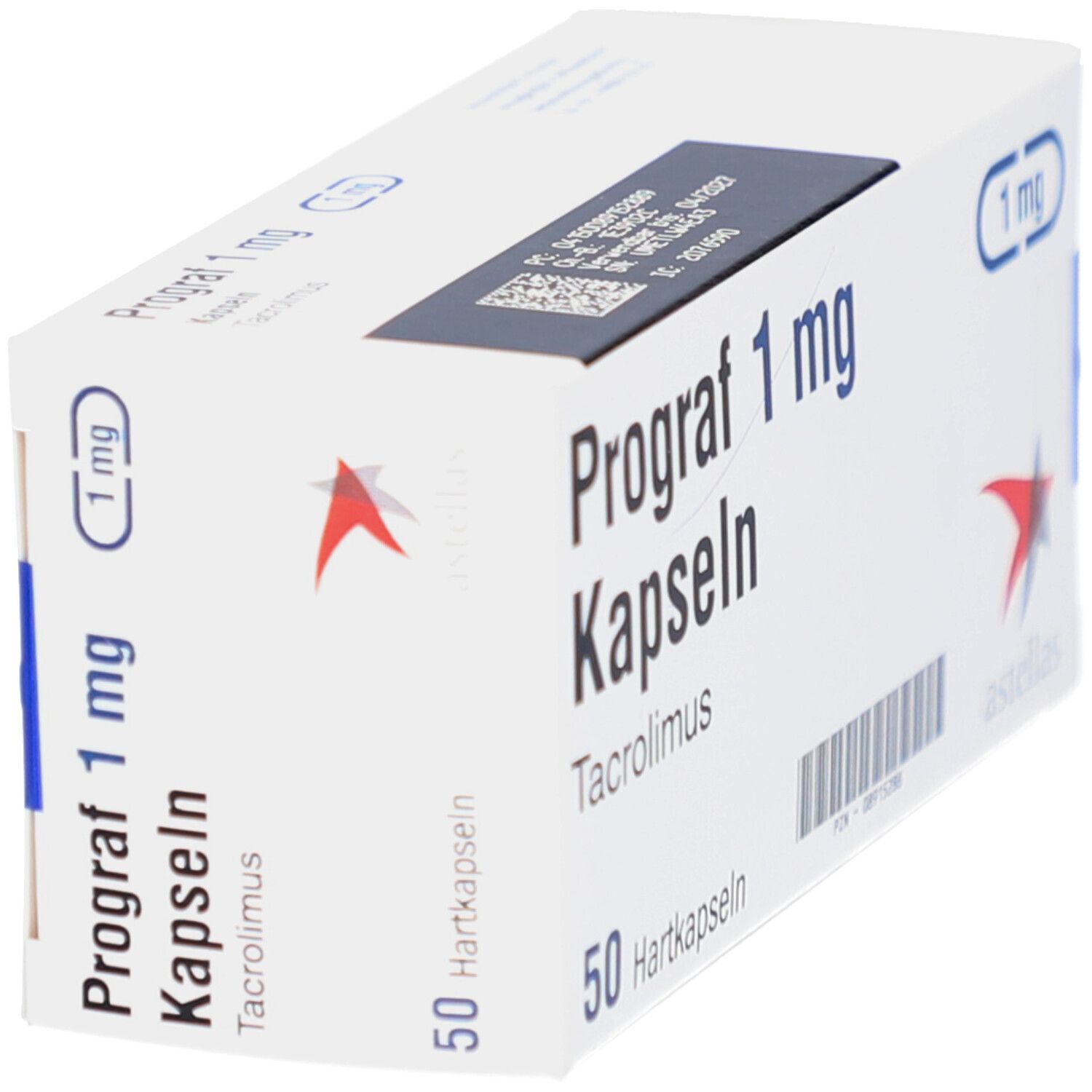 Schachtel Prograf 1 mg Kapseln, Tacrolimus, 50 Hartkapseln N2. Astellas Logo. 1 mg.