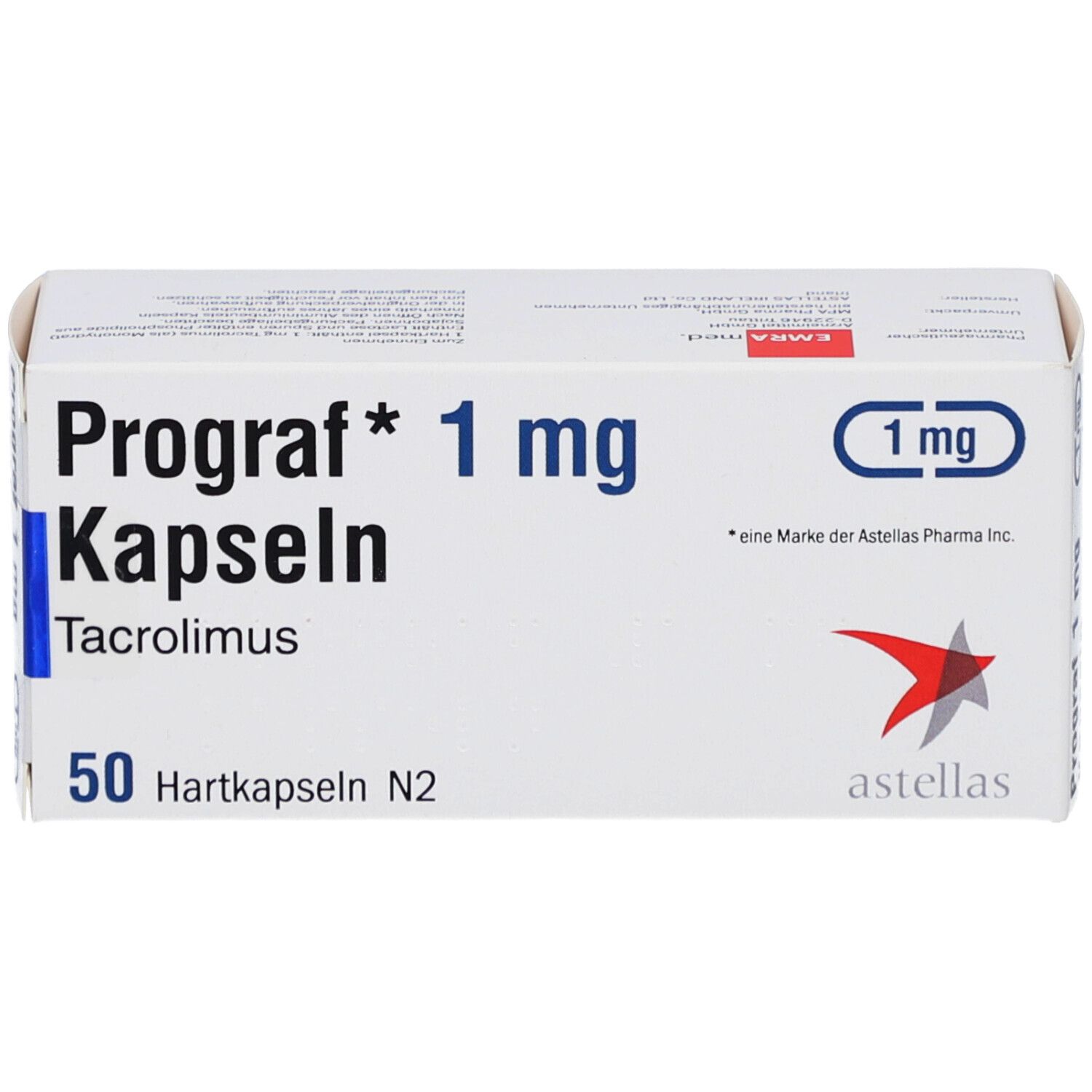Weiße Schachtel Prograf 1 mg Kapseln, Tacrolimus, 50 Hartkapseln N2. Astellas Logo. 1 mg.