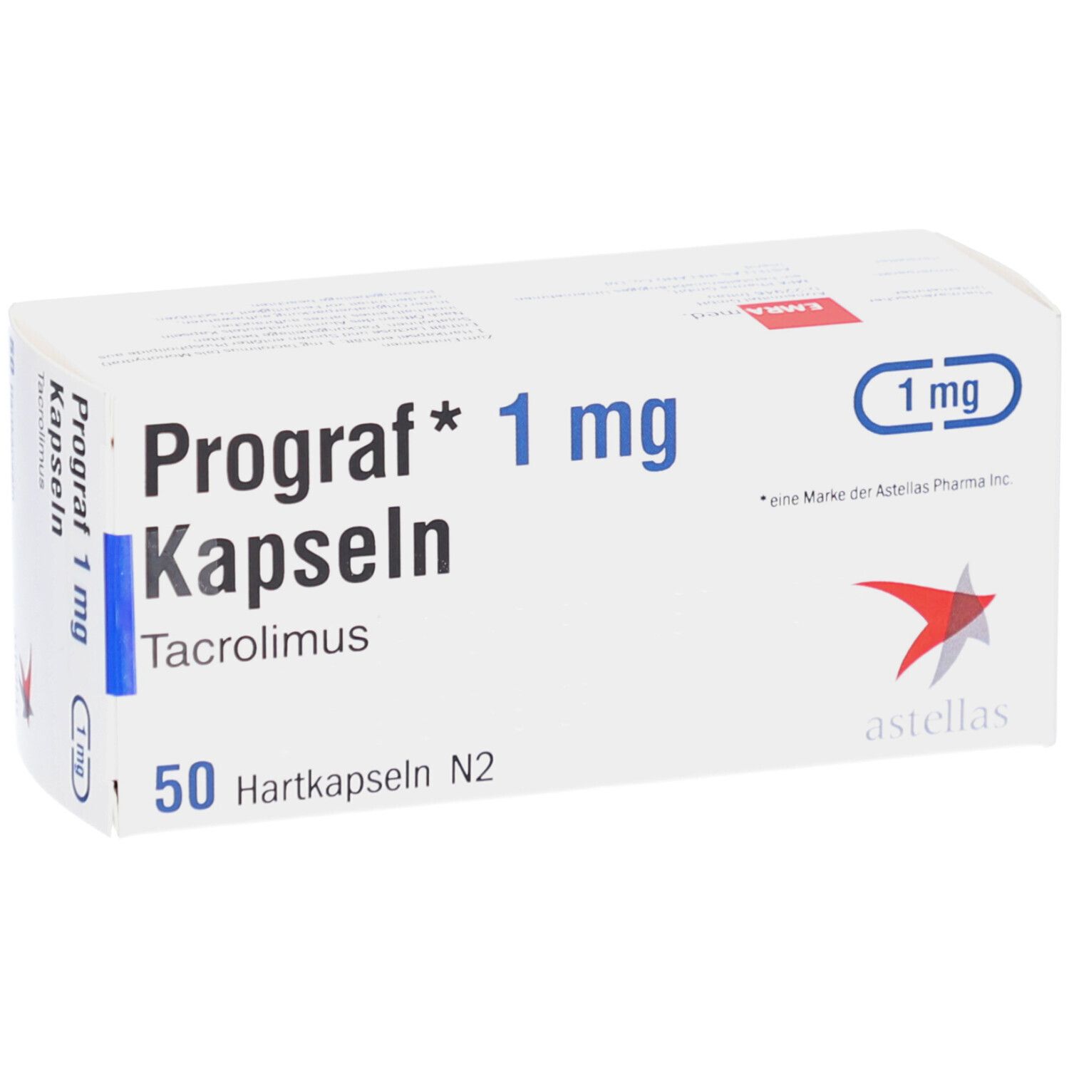 Weiße Schachtel Prograf 1 mg Kapseln, Tacrolimus, 50 Hartkapseln N2. Astellas Logo. 1 mg.