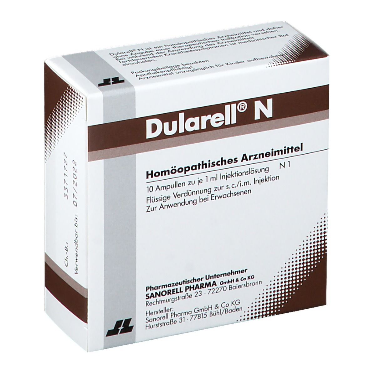 Karton von Dularell® N. Braune und weiße Verpackung. Text: Homöopathisches Arzneimittel, 10 Ampullen, 1 ml Injektionslösung.