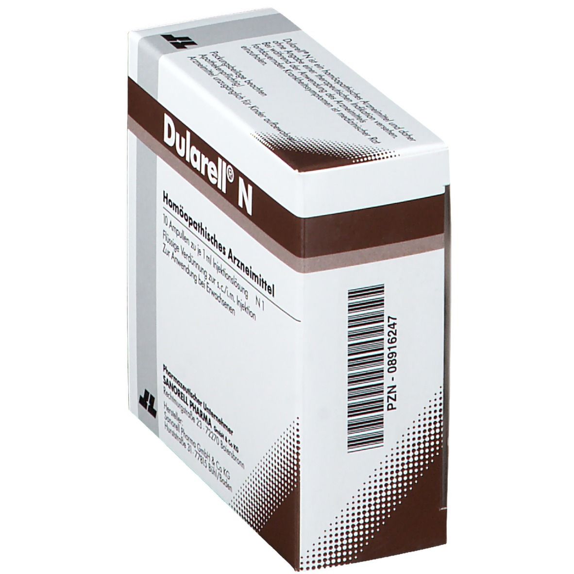 Schräg gestellte Verpackung von Dularell® N. Braune und weiße Verpackung. Barcode auf der Seite.
