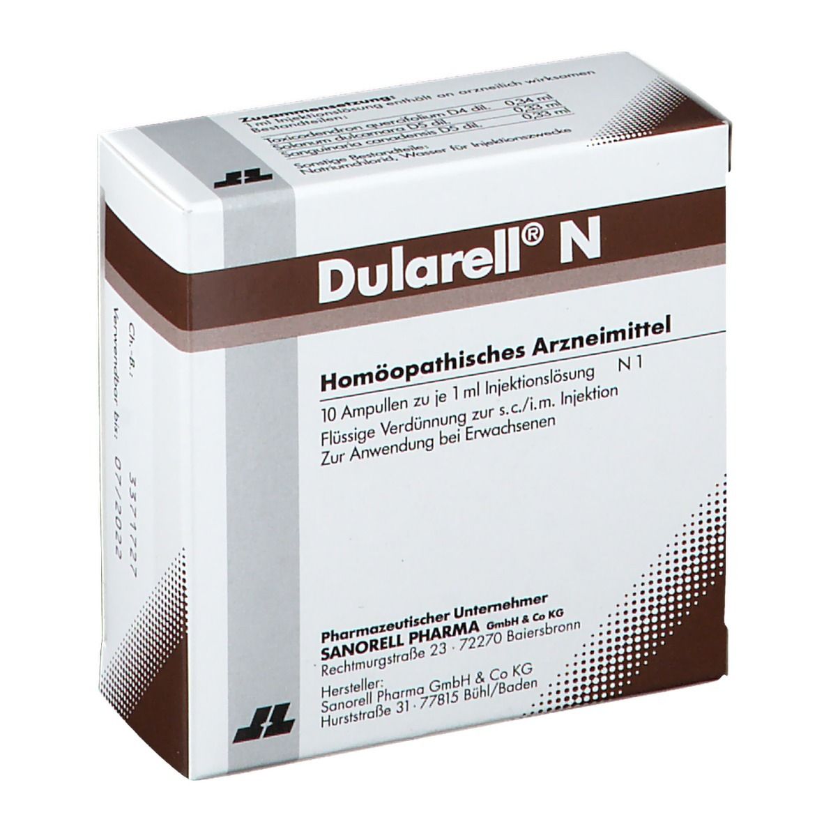 Karton von Dularell® N. Braune und weiße Verpackung. Text: Homöopathisches Arzneimittel, 10 Ampullen, 1 ml Injektionslösung.