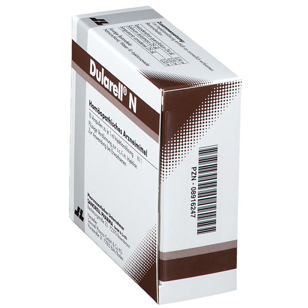 Schräg gestellte Verpackung von Dularell® N. Braune und weiße Verpackung. Barcode auf der Seite.