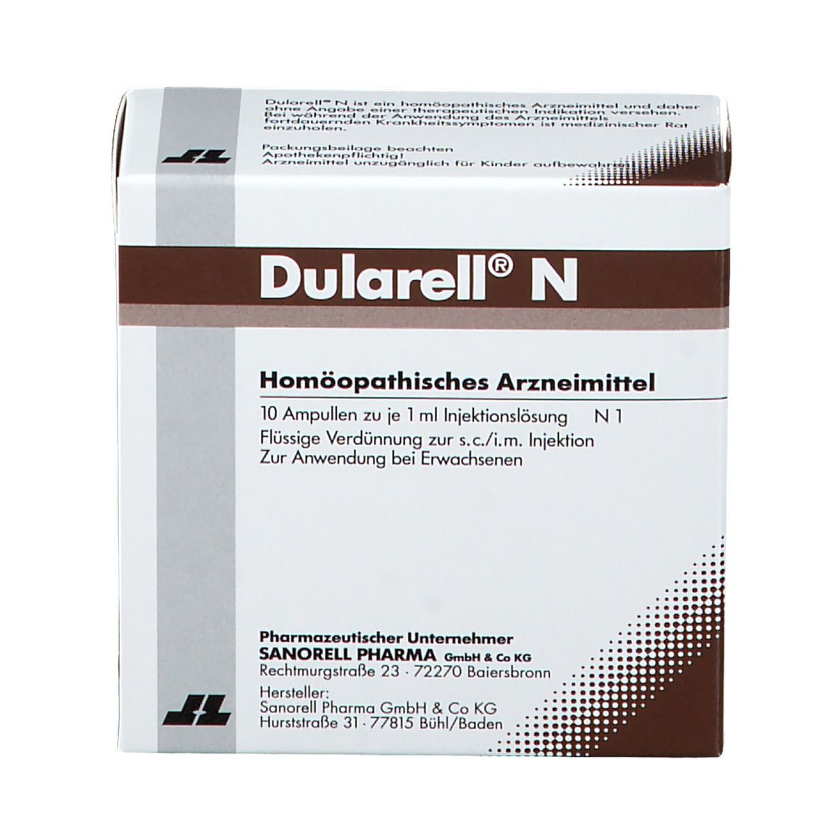Karton von Dularell® N. Braune und weiße Verpackung. Text: Homöopathisches Arzneimittel, 10 Ampullen, 1 ml Injektionslösung.