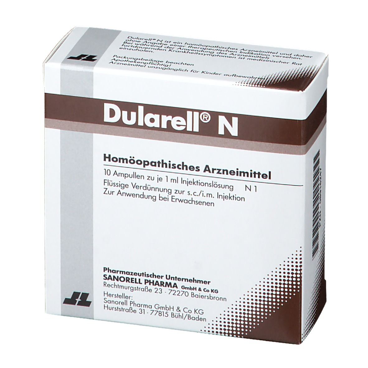 Karton von Dularell® N. Braune und weiße Verpackung. Text: Homöopathisches Arzneimittel, 10 Ampullen, 1 ml Injektionslösung.
