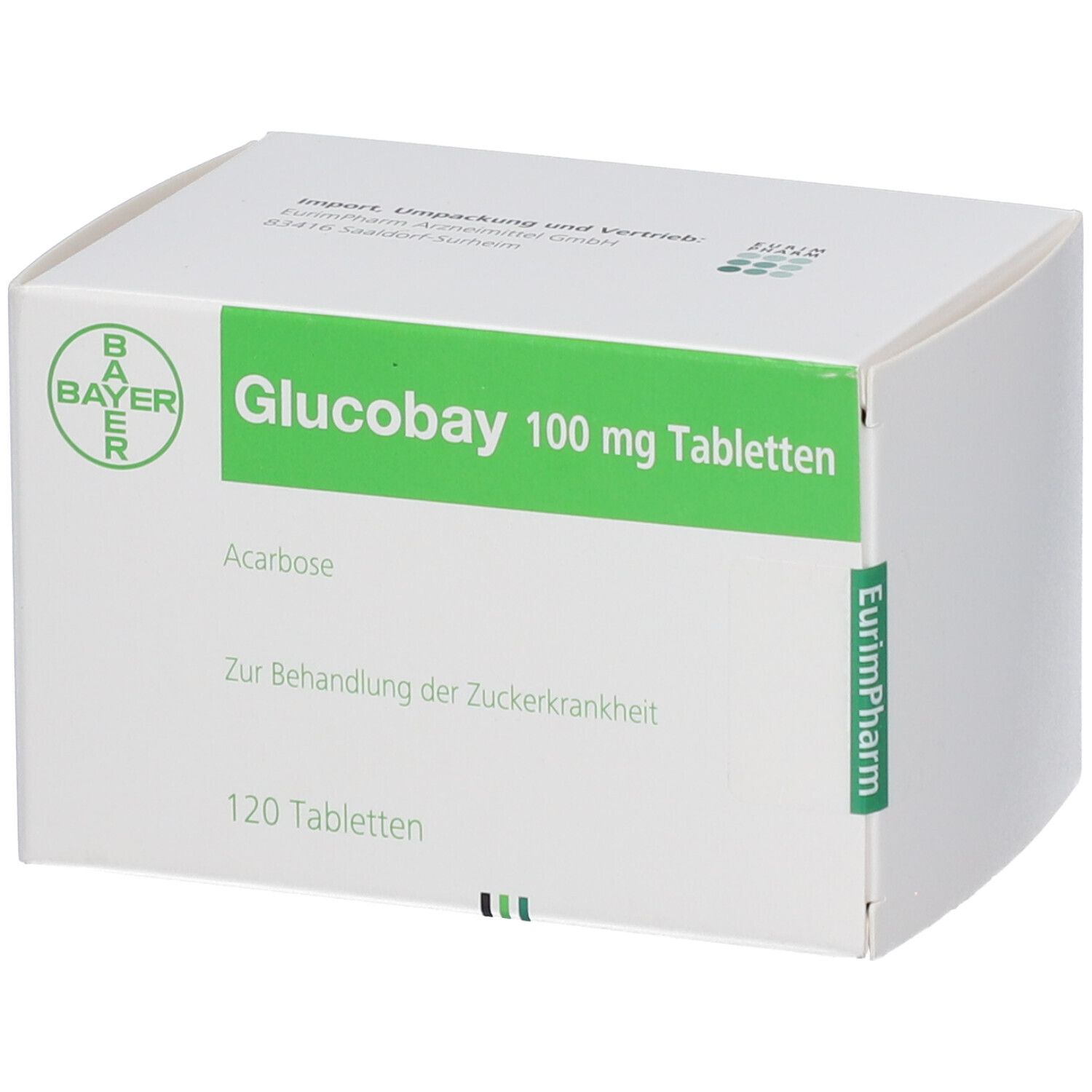 Weiße Schachtel mit grünem Streifen. Aufschrift: Glucobay 100 mg Tabletten, Bayer Logo, 120 Tabletten. Zur Behandlung der Zuckerkrankheit.
