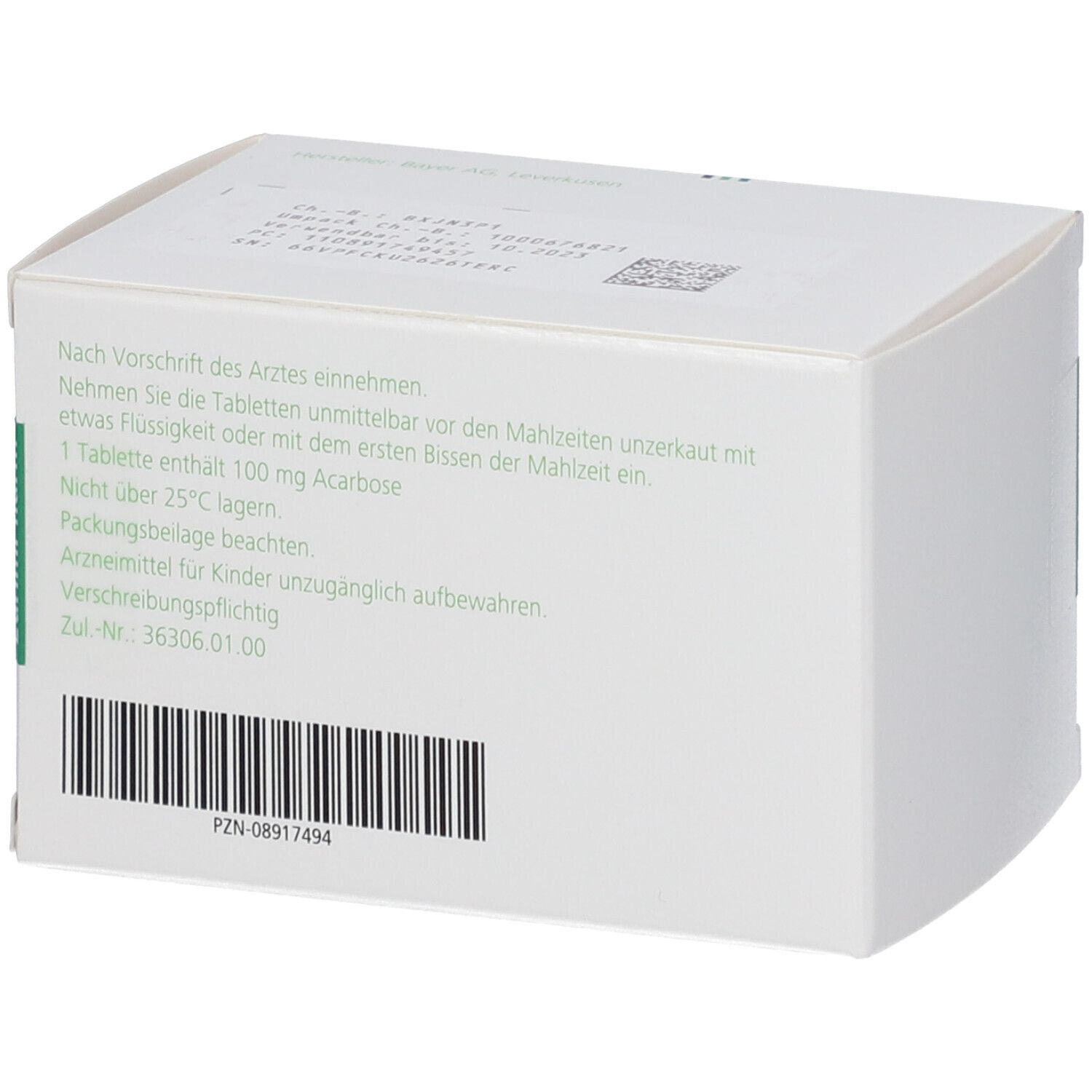 Weiße Schachtel mit Text. Aufschrift: Nach Vorschrift des Arztes einnehmen. 1 Tablette enthält 100 mg Acarbose. PZN-08917494. Barcode.