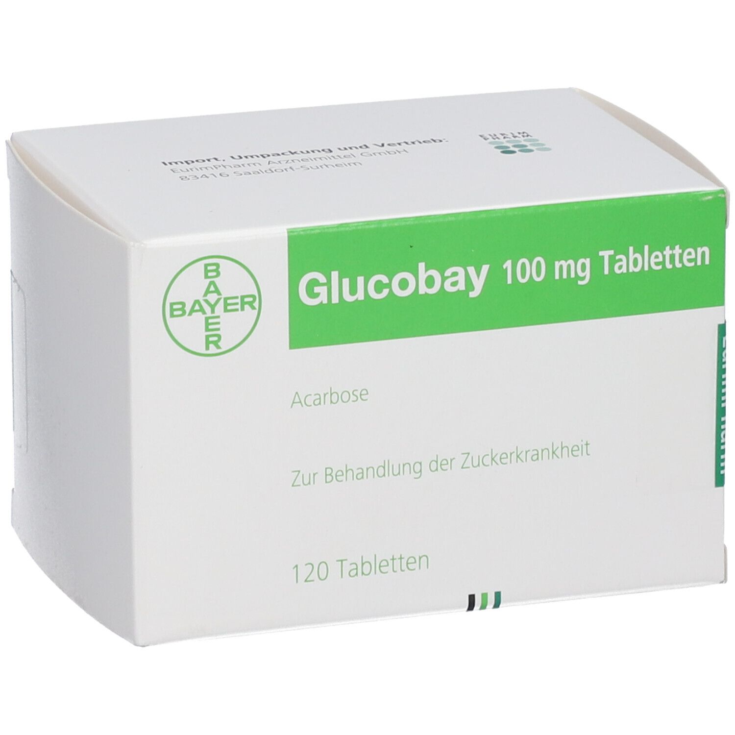 Weiße Schachtel mit grünem Streifen. Aufschrift: Glucobay 100 mg Tabletten, Bayer Logo, 120 Tabletten. Zur Behandlung der Zuckerkrankheit.