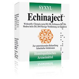 Weiße Schachtel mit grünem Streifen und Text: SYXYL, Echinajecť, Homöopathisches Arzneimittel. Orangefarbenes Logo.