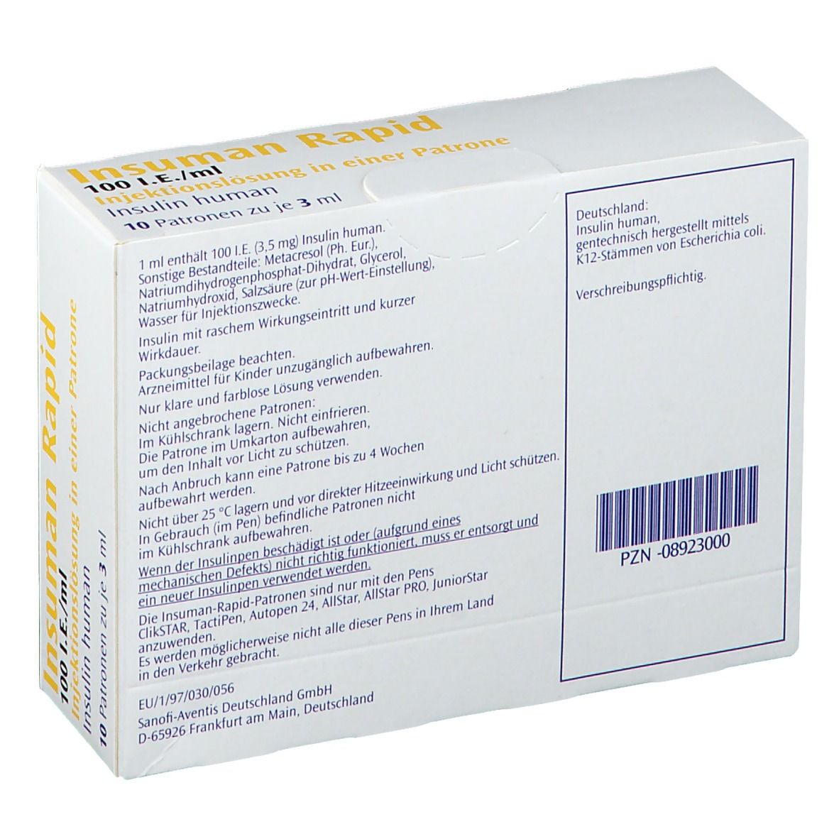 Rückseite der weißen Faltschachtel. Text in deutscher Sprache. Enthält Informationen zu Inhaltsstoffen, Anwendung, und Hersteller. PZN-Nummer und Barcode.