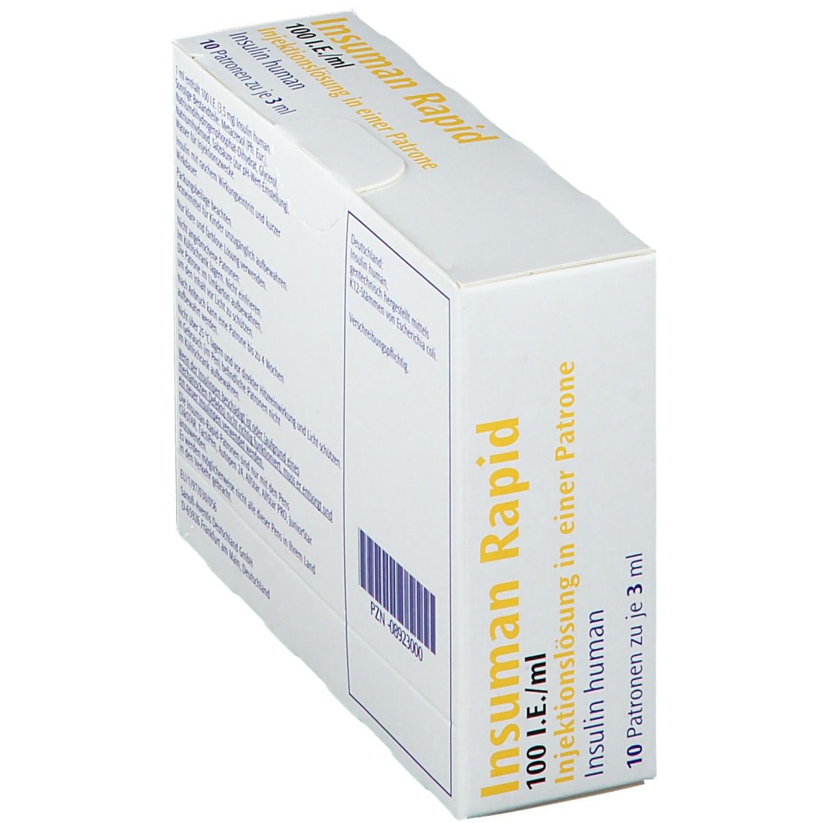 Weiße Faltschachtel, perspektivische Ansicht. Beschriftung: Insuman Rapid, 100 I.E./ml, Injektionslösung, Insulin human. Barcode auf der Seite.