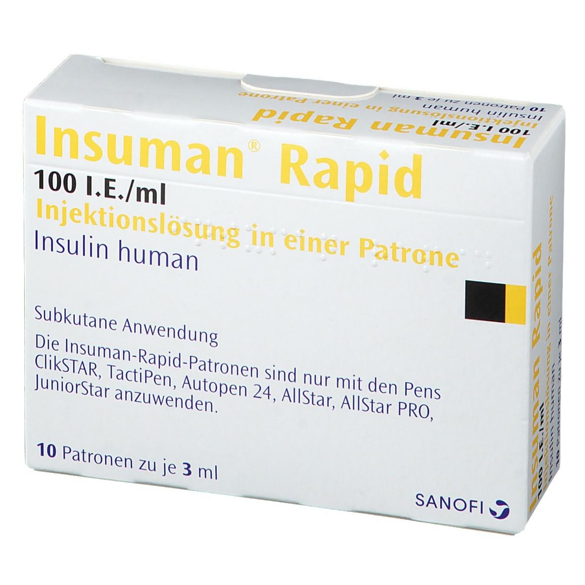 Weiße Faltschachtel mit gelbem und schwarzem Text. Beschriftung: Insuman Rapid, 100 I.E./ml, Injektionslösung, Insulin human. Sanofi Logo.