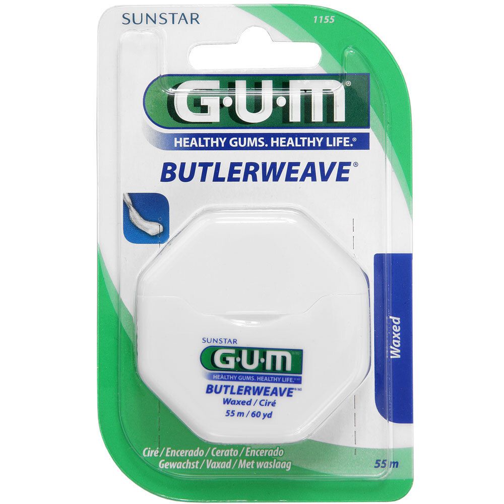 Weißes, sechseckiges Zahnseide-Etui in Blisterverpackung. GUM Butlerweave, gewachst. Grün-weiße Verpackung mit Produktnamen.