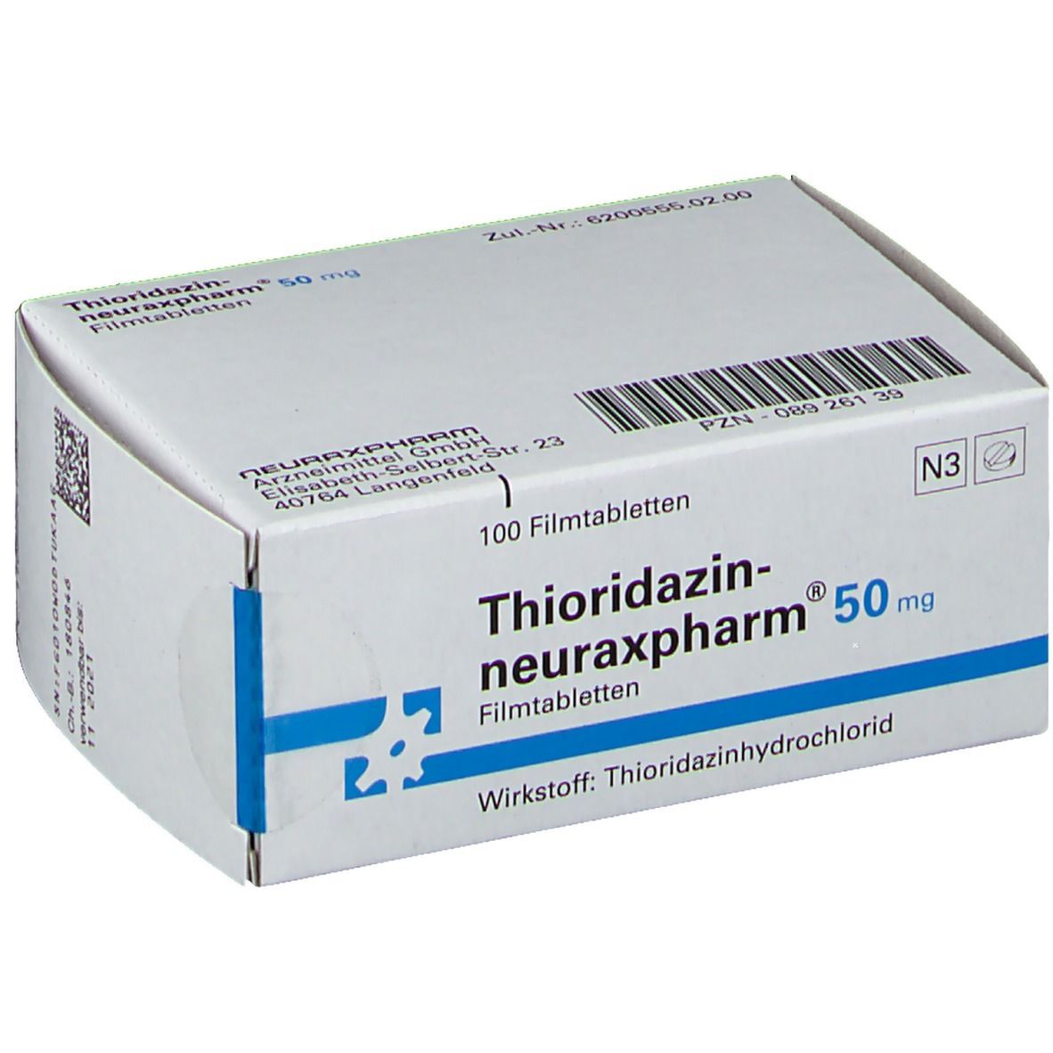 Weiße Schachtel mit Thioridazin-neuraxpharm 50 mg Filmtabletten. Aufdruck: 100 Filmtabletten, Wirkstoff Thioridazinhydrochlorid.
