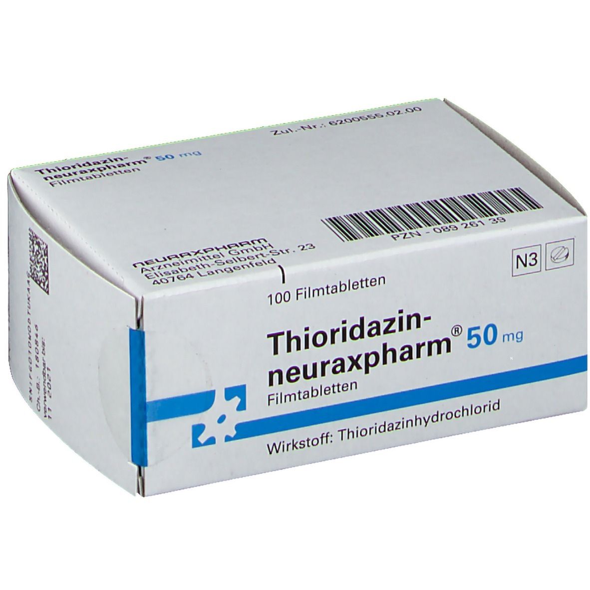 Weiße Schachtel mit Thioridazin-neuraxpharm 50 mg Filmtabletten. Aufdruck: 100 Filmtabletten, Wirkstoff Thioridazinhydrochlorid.