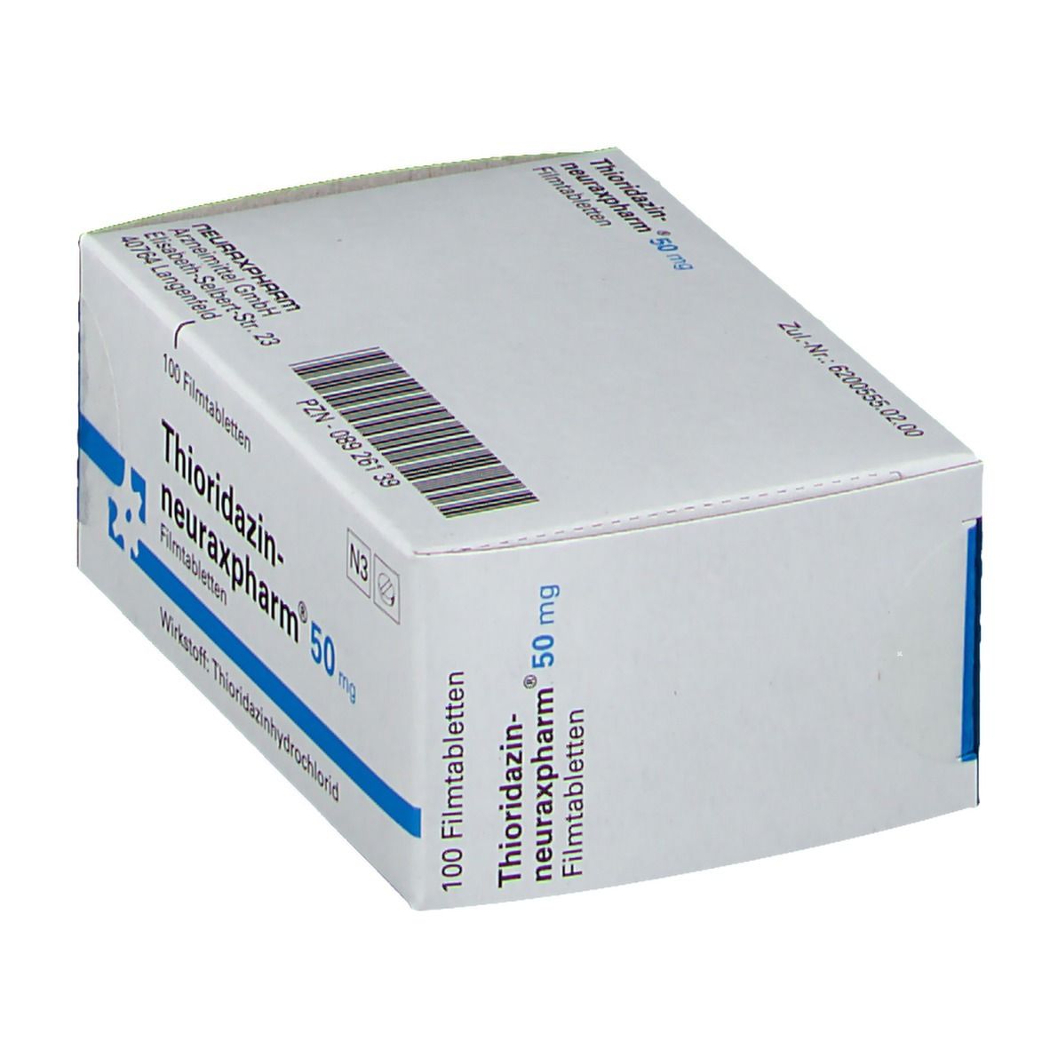 Schachtel Thioridazin-neuraxpharm 50 mg, schräg. Aufdruck: 100 Filmtabletten, Wirkstoff Thioridazinhydrochlorid. Barcode und Adressdaten.