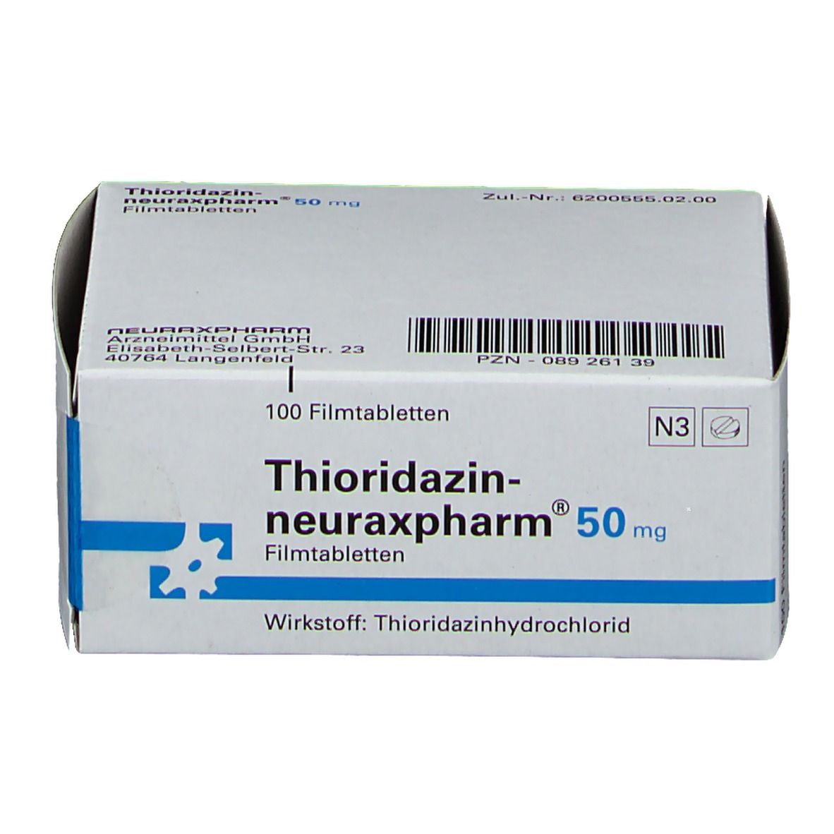 Weiße Schachtel mit Thioridazin-neuraxpharm 50 mg Filmtabletten. Aufdruck: 100 Filmtabletten, Wirkstoff Thioridazinhydrochlorid.