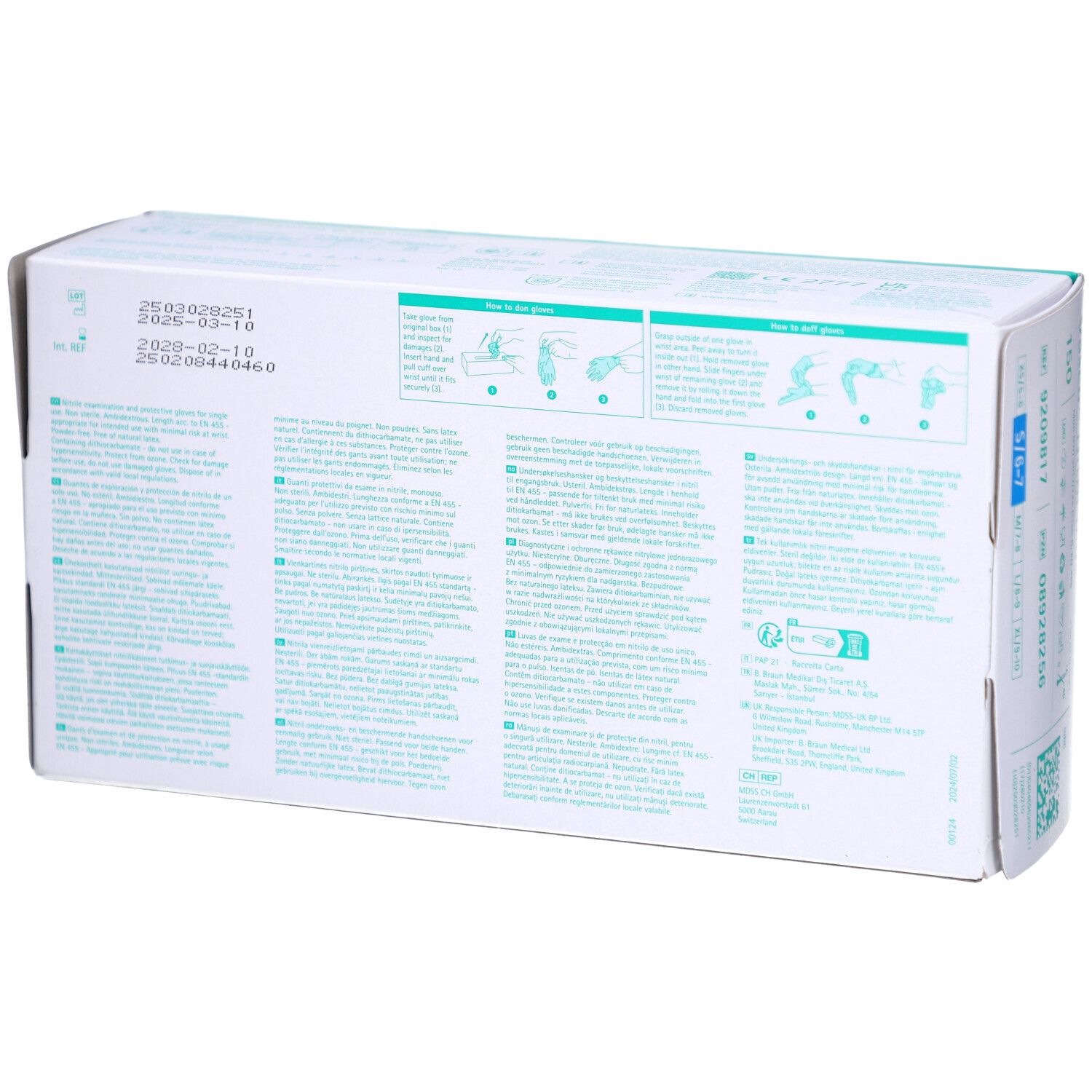 Rückseite der Verpackung von Vasco® Nitril blue Handschuhen. Text und Piktogramme. Informationen zur Anwendung.