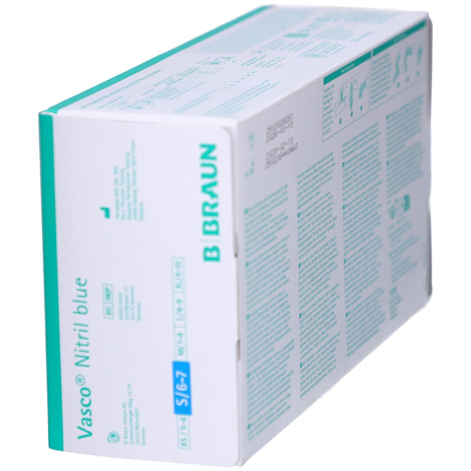 Verpackung von Vasco® Nitril blue Handschuhen. Blaue Handschuh-Darstellung. Größe S 6-7. Marke B. Braun. Ansicht schräg.