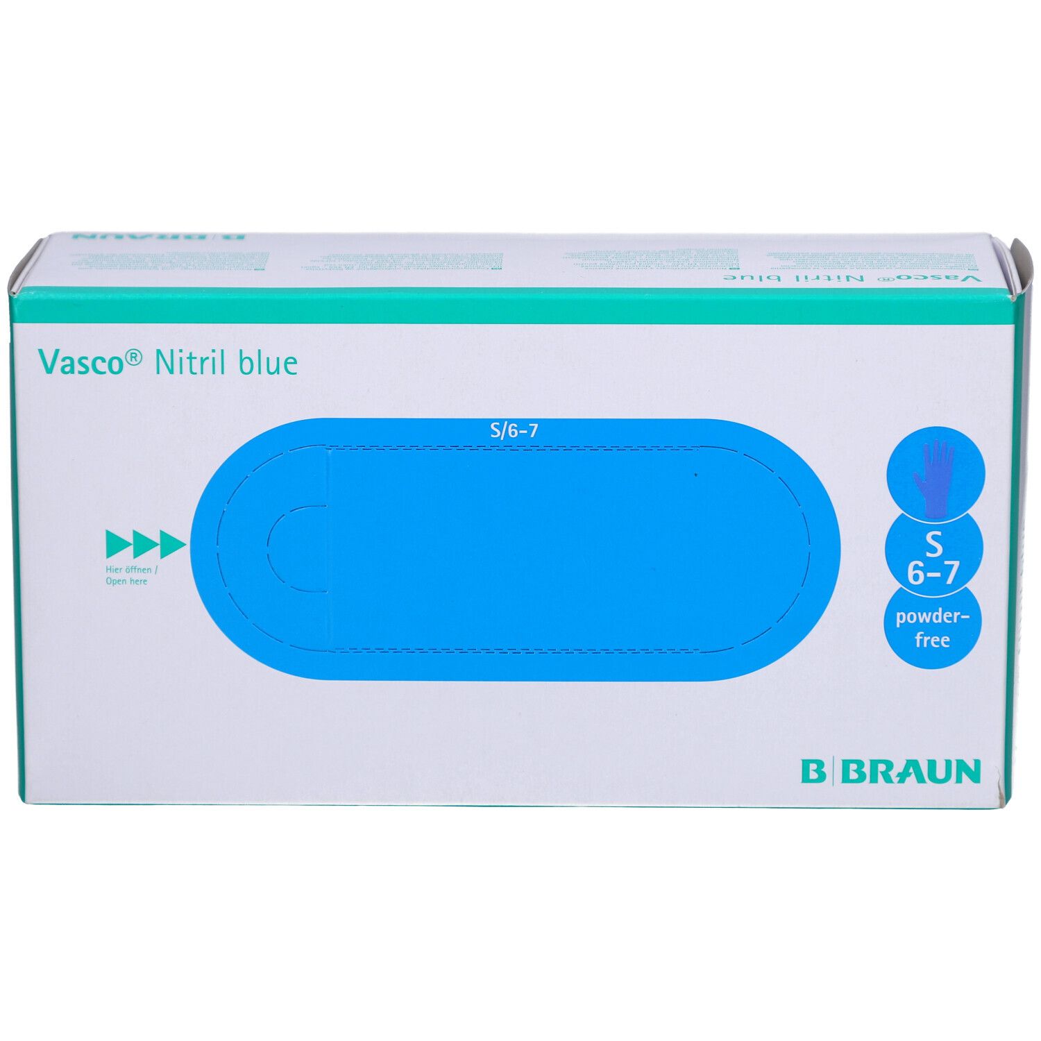 Verpackung von Vasco® Nitril blue Handschuhen. Blaue Handschuh-Darstellung. Größe S 6-7. Pulverfrei. Marke B. Braun.