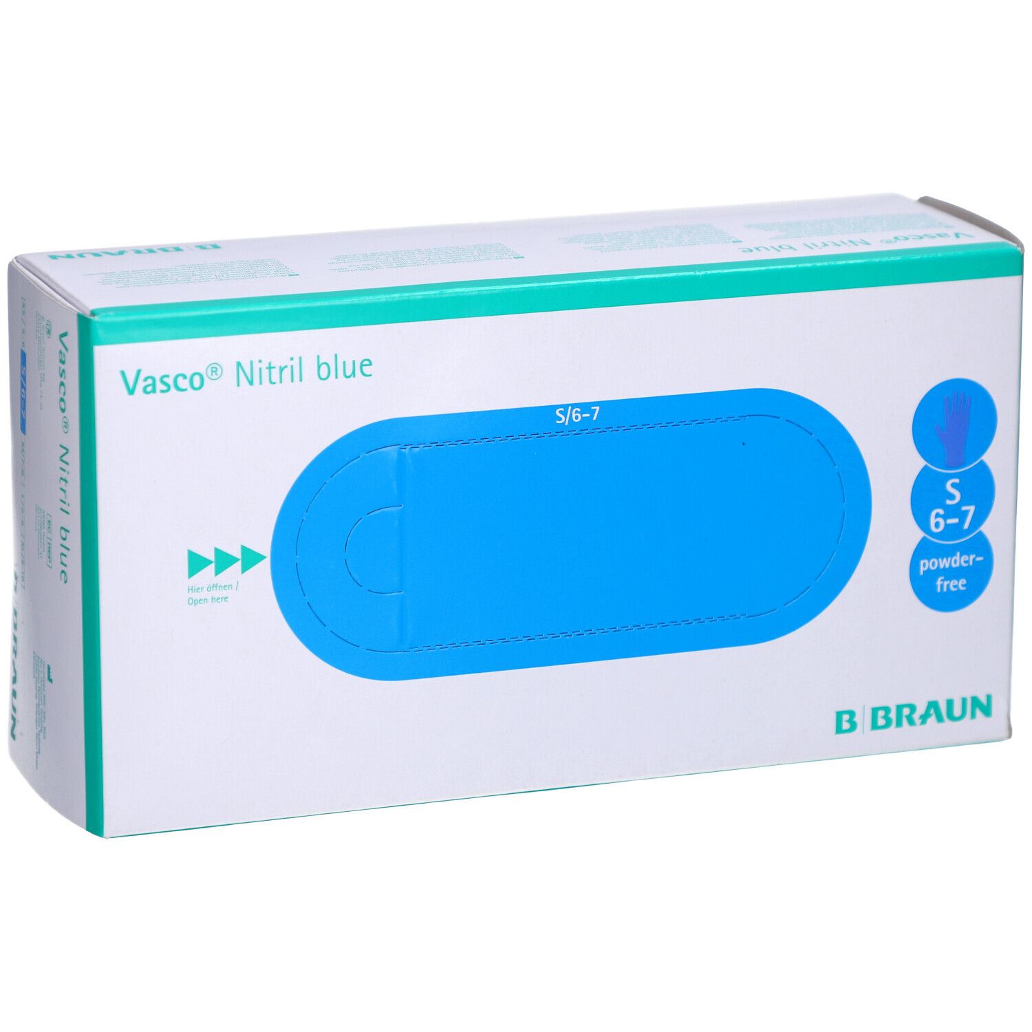 Verpackung von Vasco® Nitril blue Handschuhen. Blaue Handschuh-Darstellung. Größe S 6-7. Pulverfrei. Marke B. Braun.