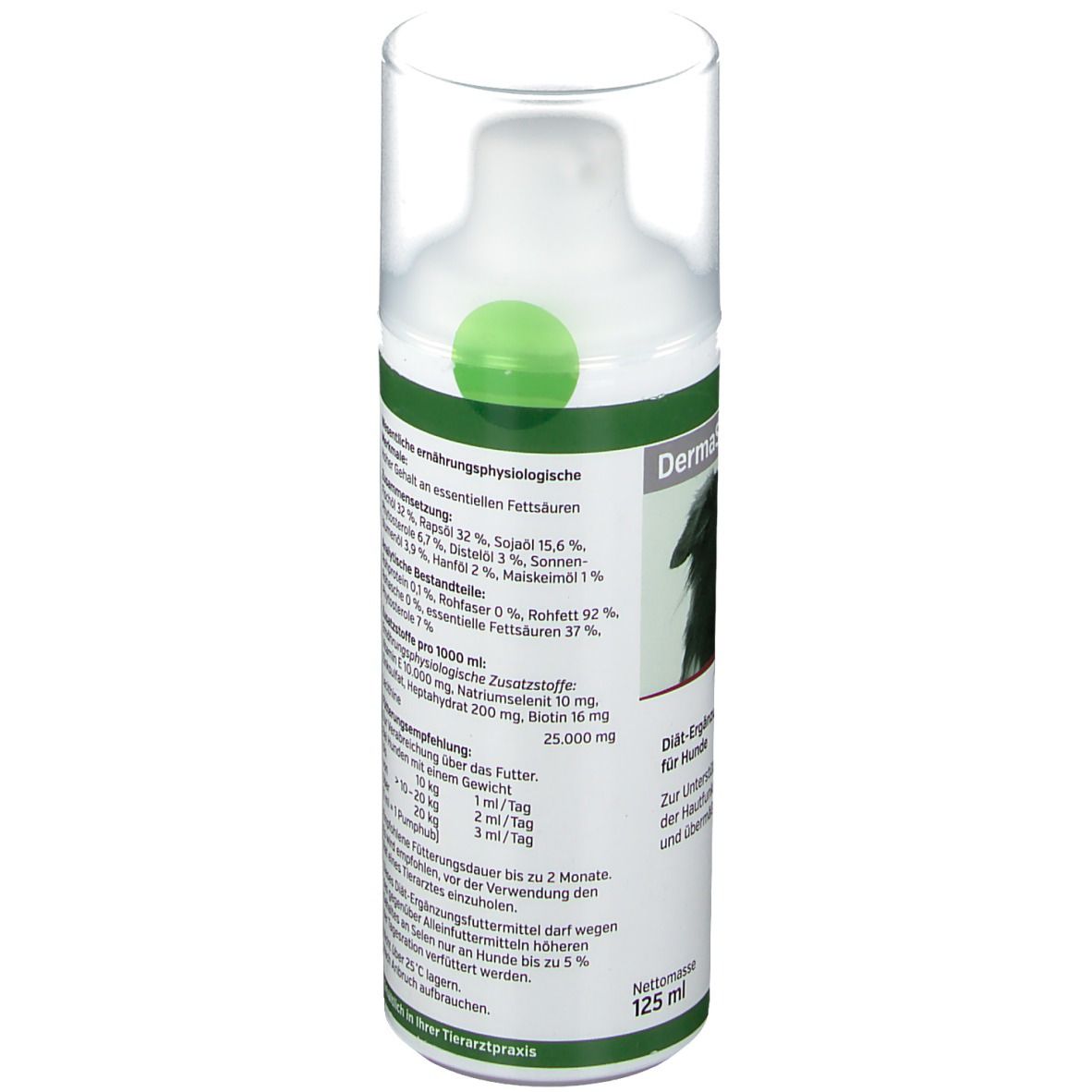 Rückseite der weißen Flasche. Text: Nährwertangaben, Zusatzstoffe, Fütterungsempfehlung. Herstellerinformationen.