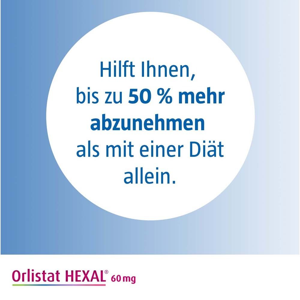 Kreisförmige Grafik mit Text: Hilft Ihnen, bis zu 50 % mehr abzunehmen als mit einer Diät allein. Orlistat HEXAL 60 mg.