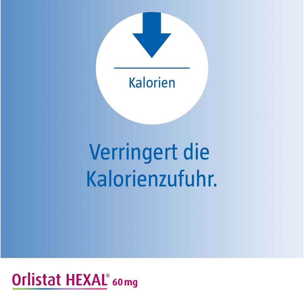 Kreisförmige Grafik mit Pfeil-Symbol und Text: Verringert die Kalorienzufuhr. Orlistat HEXAL 60 mg.