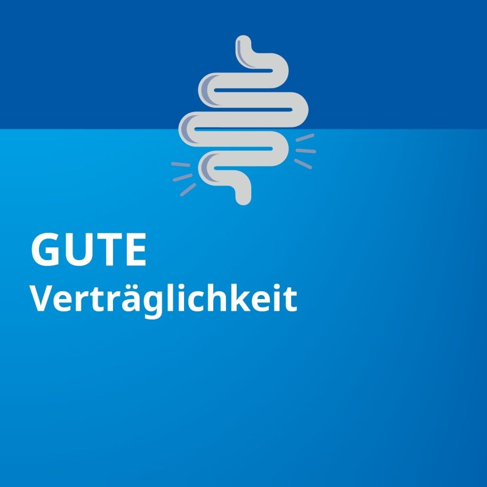 Loperamid STADA akut: Symbol einer stilisierten, gewundenen Darmpassage mit Wellenlinien. Text 'GUTE Verträglichkeit'.