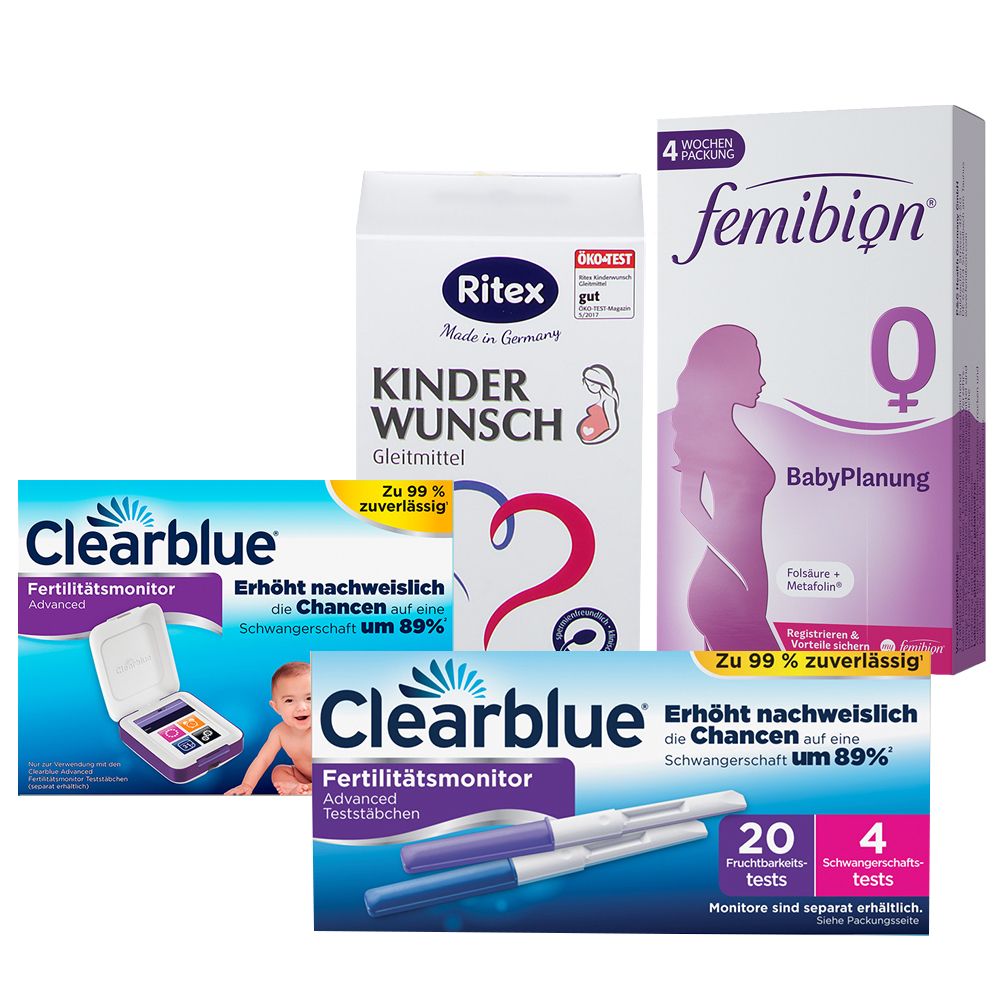 Clearblue Fertilitätsmonitor 2.0 und Teststäbchen + Femibion 0 Babyplanung + Ritex Kinderwunsch Gleitmittel 1 St Set