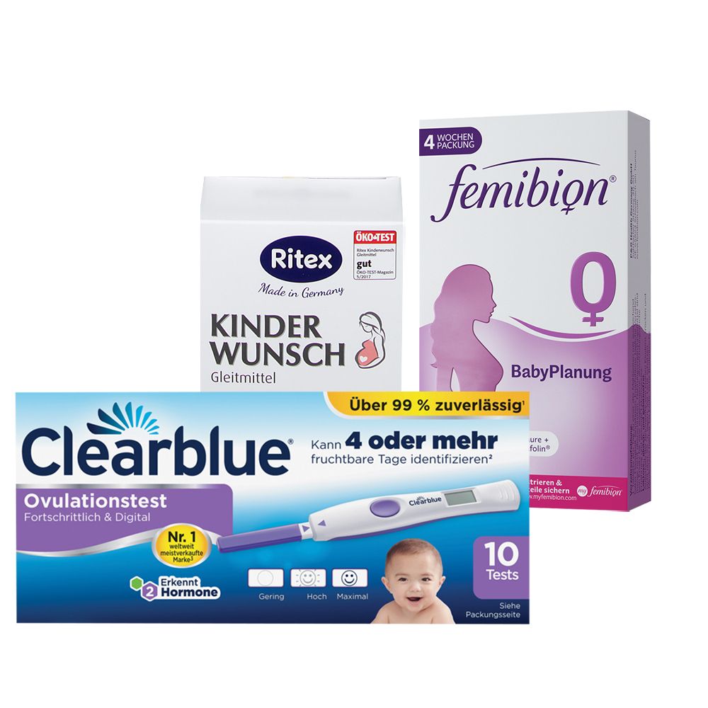 Clearblue Ovulationstest fortschrittlich & digital + Femibion 0 Babyplanung + Ritex Kinderwunsch Gleitmittel 1 St Set