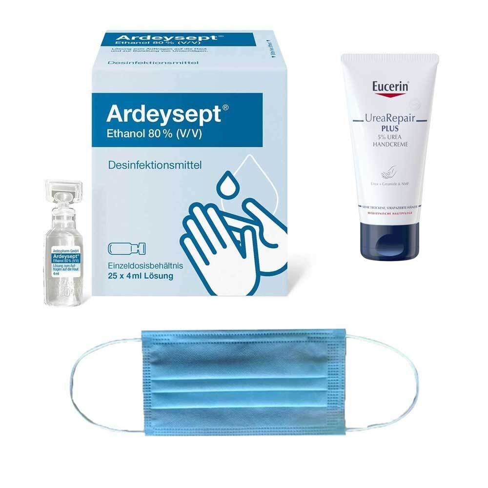 Mund- & Nasenschutz Einweg 3-lagig 50 Stück + Ardeysept® Desinfektion + Eucerin® UreaRepair Plus Handcreme 5% 1 St Set