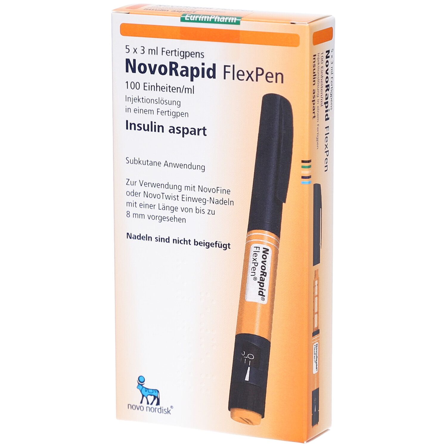 Verpackung mit NovoRapid FlexPen. Enthält 5 Fertigpens. Orange-weiße Schachtel mit Produktnamen und Insulin-Informationen. FlexPen-Abbildung.