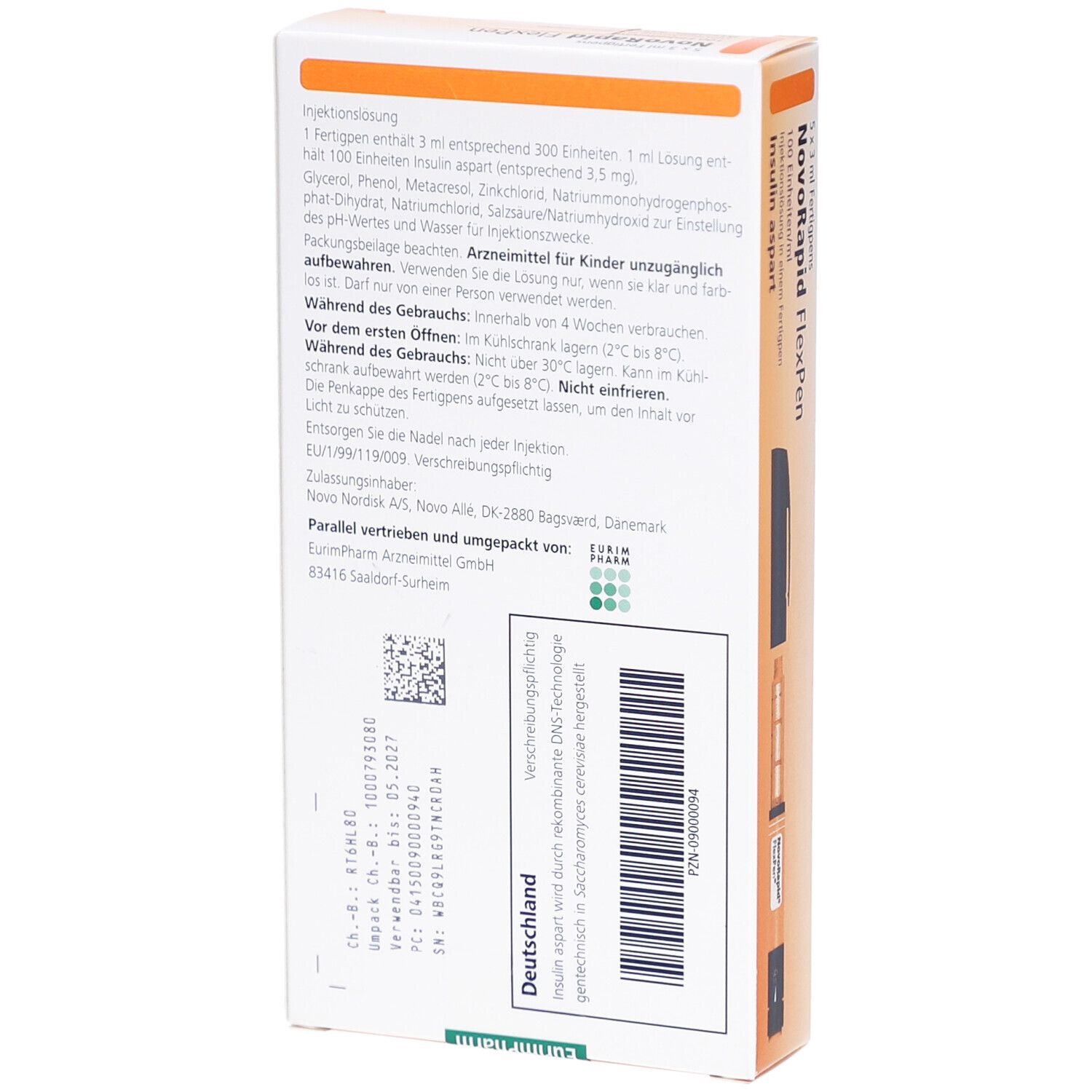 Rückseite der NovoRapid FlexPen-Verpackung. Textinformationen, Inhaltsstoffe, Herstellerangaben und Chargennummer. Weißer Hintergrund.